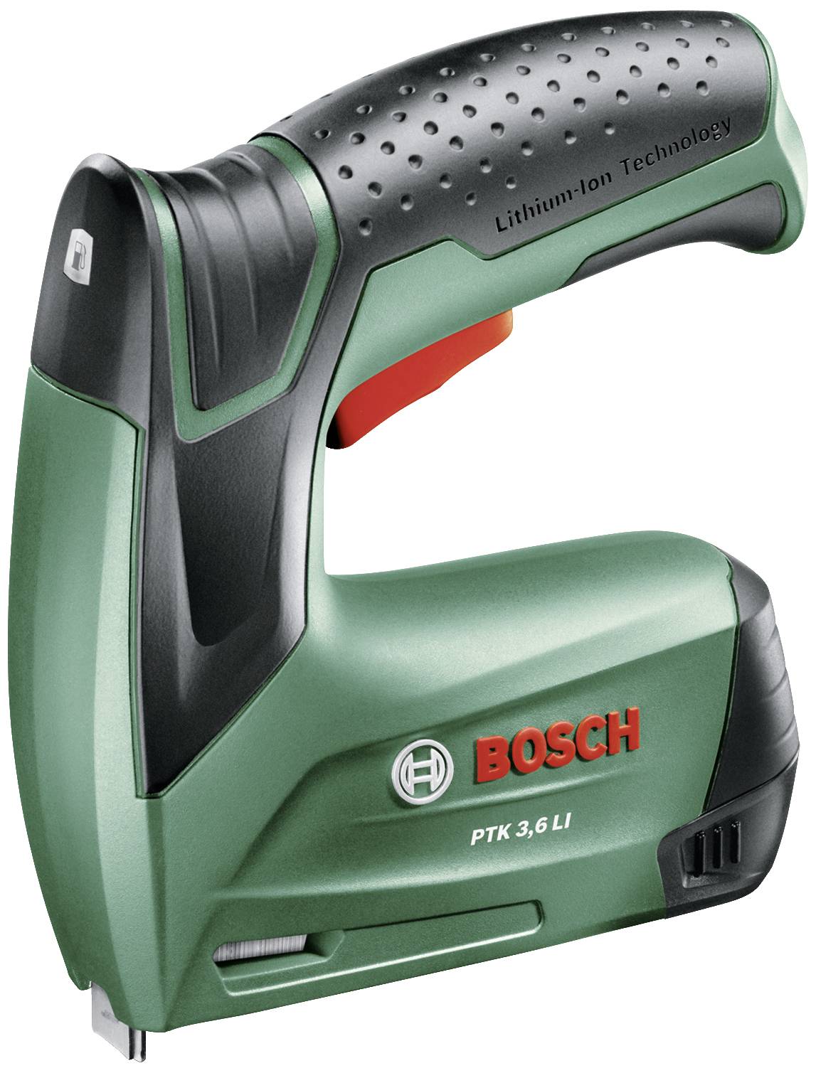 Un pistolet à agrafes Bosch vert sans fil avec technologie lithium-ion, modèle PTK 3,6 LI, pour travaux de bricolage.
