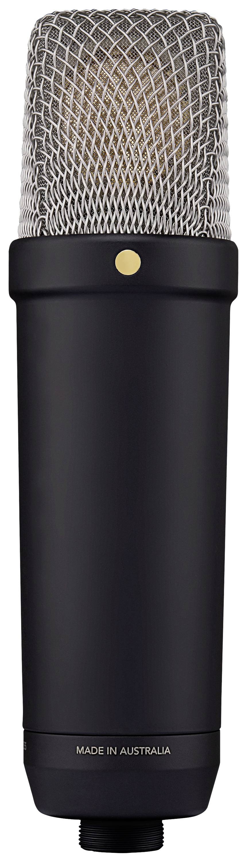 Un microphone de studio noir avec une décoration dorée à points et une grille métallique argentée sur le dessus. En bas, il est inscrit « Made in Australia ».