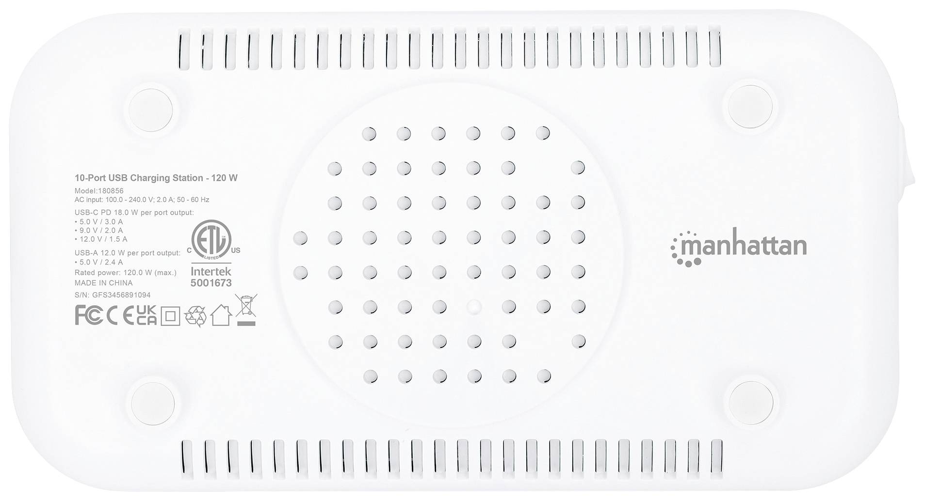 Dos d'une station de charge USB blanche à 10 ports, avec des fentes de ventilation, le logo de la marque et des caractéristiques techniques imprimés.