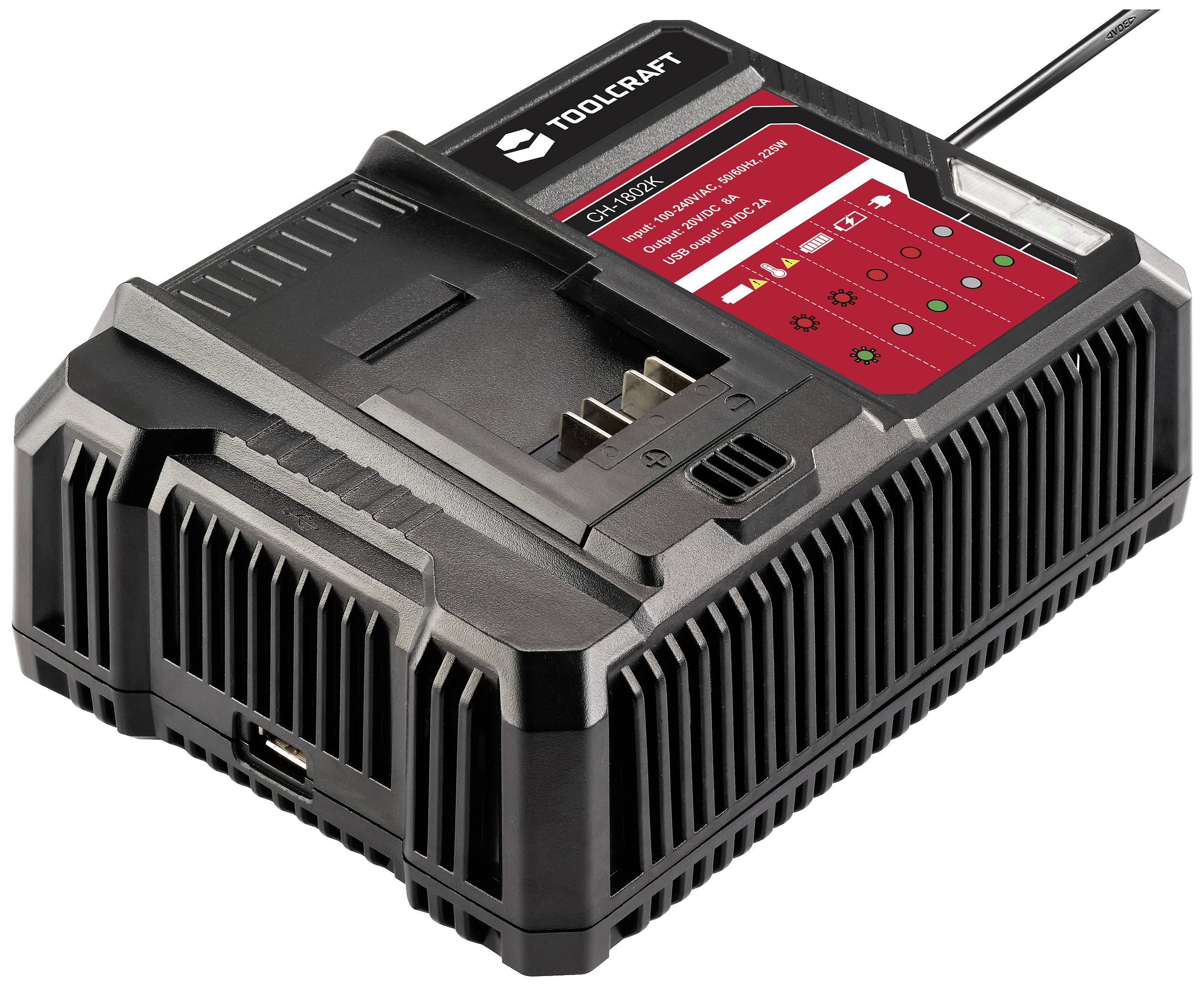 Chargeur Toolcraft noir avec des affichages rouges, montrant l'état de charge et les types de batteries compatibles, port USB visible.