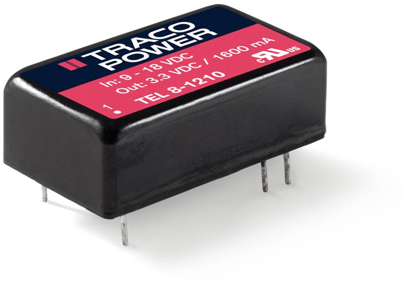 Un composant électronique rectangulaire portant l'inscription : 'TRACO POWER, Entrée : 9-18 VDC, Sortie : 3,3 VDC / 1600 mA'. Quatre broches de connexion en bas.