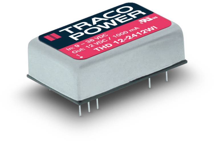 Composant électronique sur lequel est inscrit 'TRACO POWER'. Entrée 9-36 VDC, sortie 12 VDC, 1000 mA. Modèle THD 12-2412WI.
