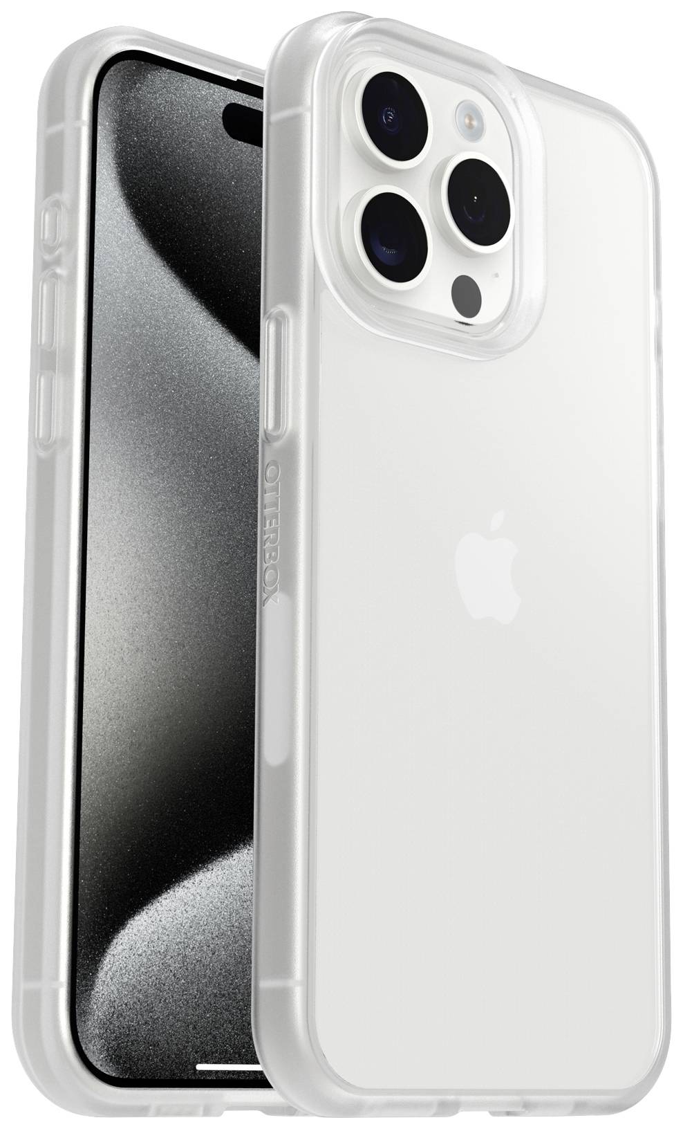Un iPhone avec un étui de protection transparent qui laisse apparaître les objectifs de l'appareil photo et le bouton latéral. L'écran affiche des graphiques noirs.