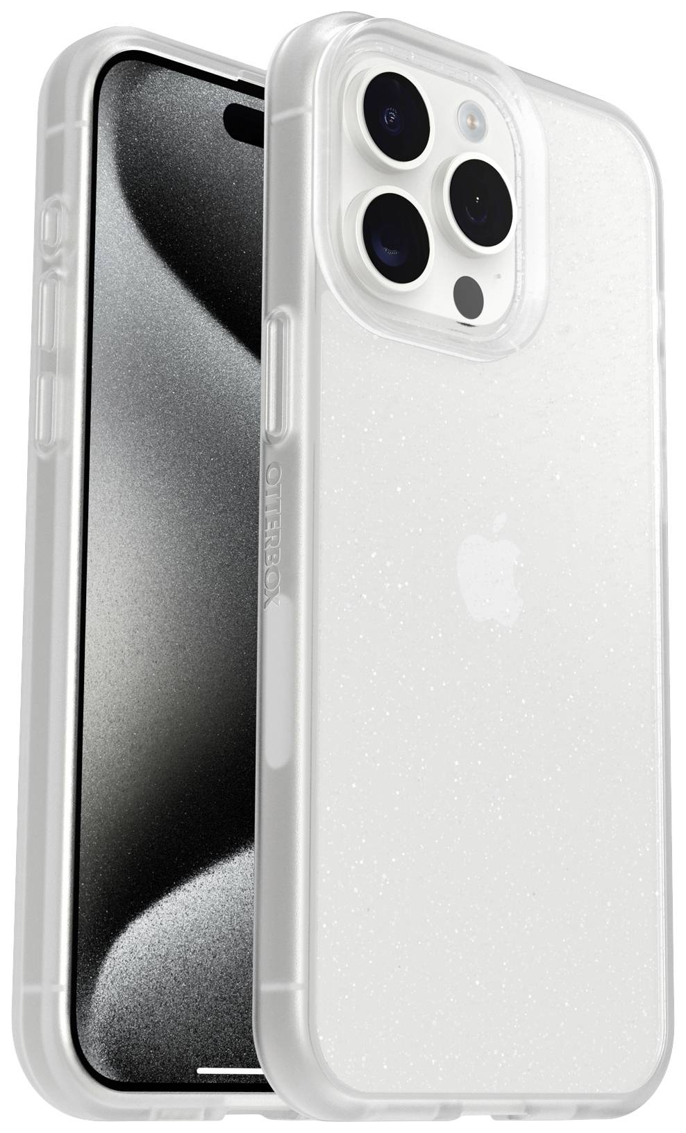 Nouveau smartphone doté d'un dos brillant et de deux objectifs de caméra, présenté dans un boîtier transparent et structuré.