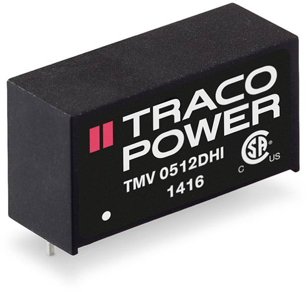 Module d'alimentation Traco Power, modèle TMV 0512DHI, avec inscription et logo argentés. Composant électronique pour la conversion de tension.