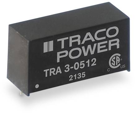 Un composant électronique rectangulaire, étiqueté 'TRACO POWER TRA 3-0512 2135', affiche des logos de normes de sécurité.
