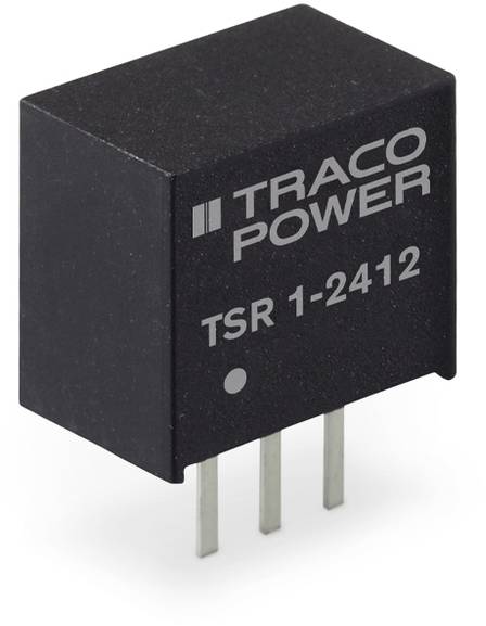 Un régulateur de tension électronique noir avec trois broches argentées portant l'inscription 'TRACO POWER TSR 1-2412'.