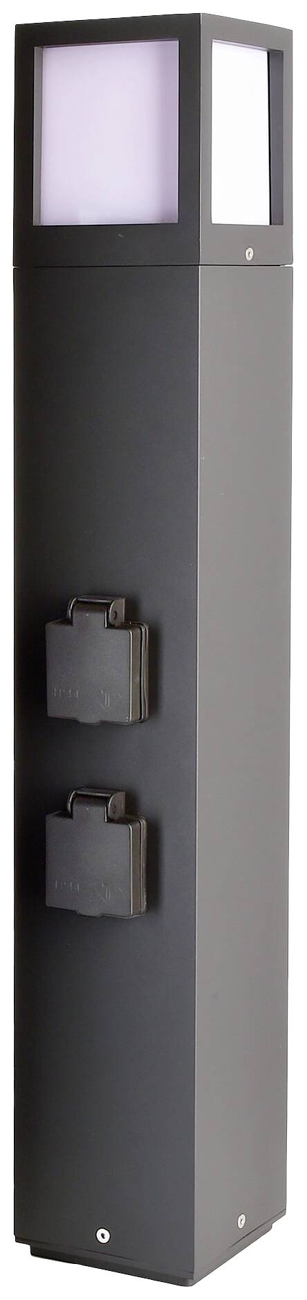 Poteau extérieur noir avec deux prises électriques et un éclairage LED en haut, utilisé comme éclairage extérieur et source d'énergie.