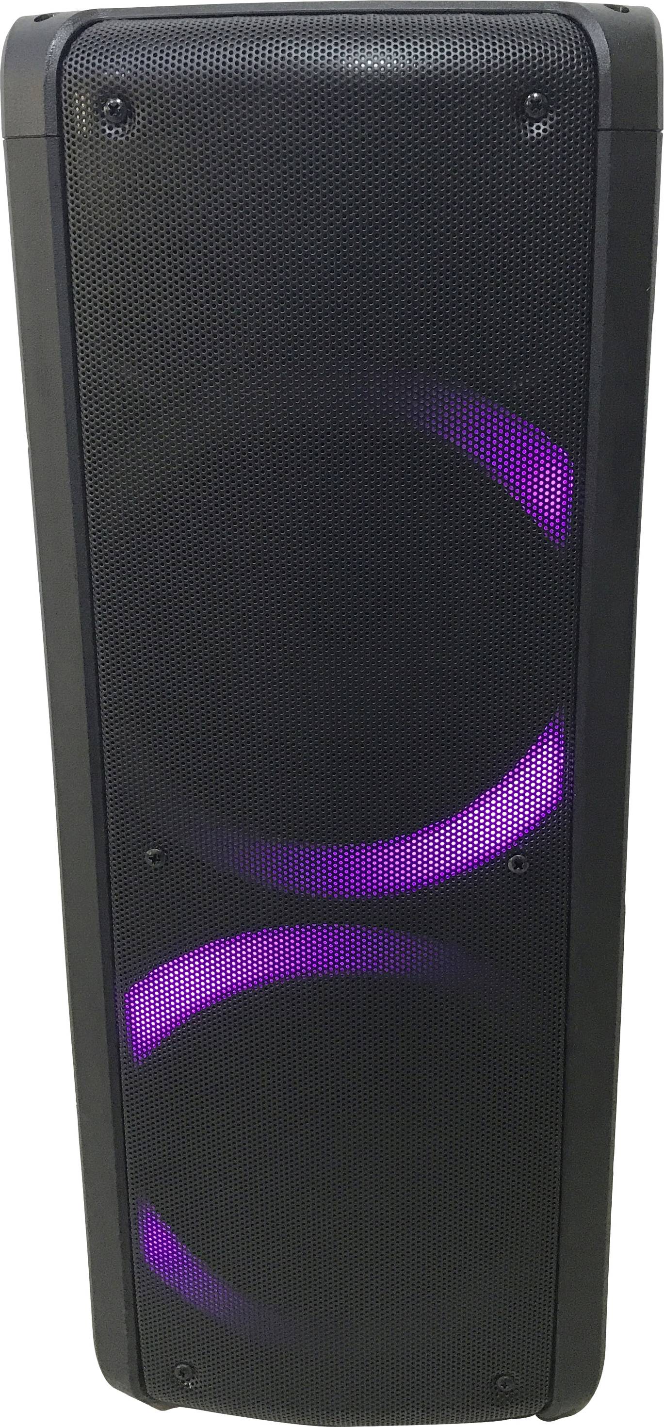 Haut-parleur noir avec des lumières LED violettes sur la façade.