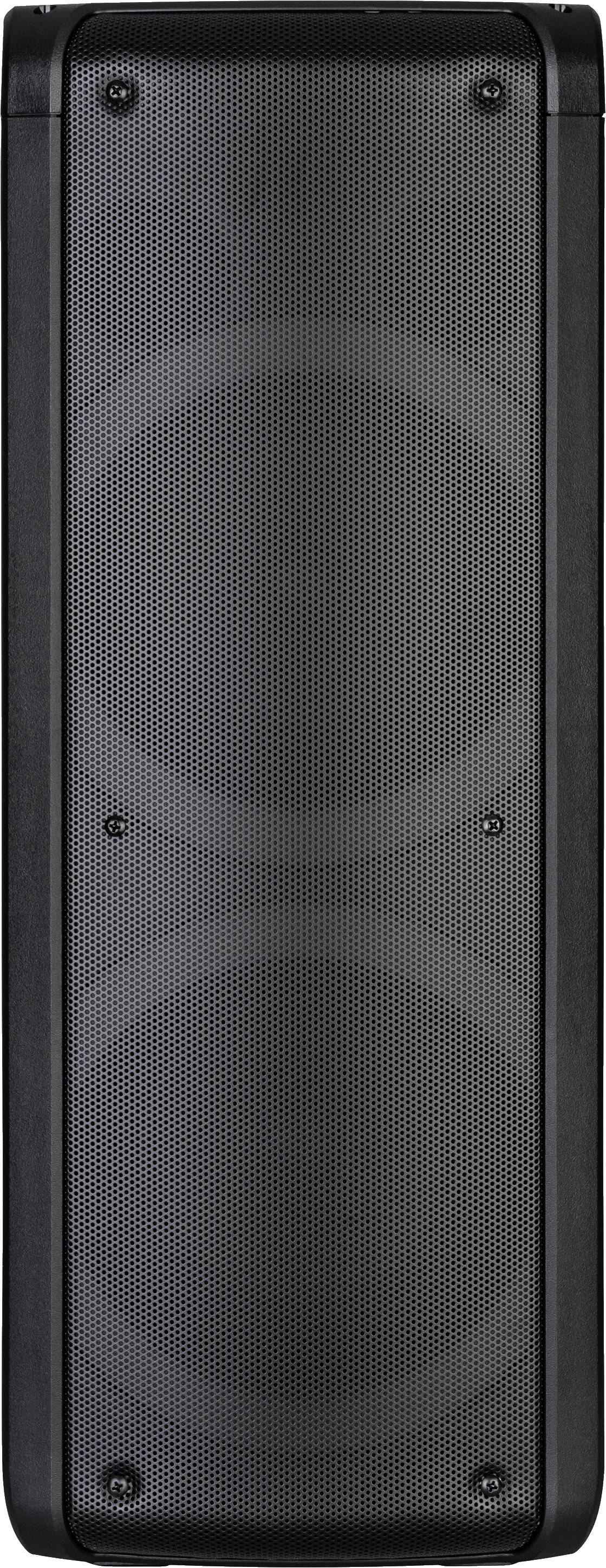 Haut-parleur noir au design vertical. Contient deux grands haut-parleurs derrière une grille métallique. Adapté pour la reproduction de musique ou de son.