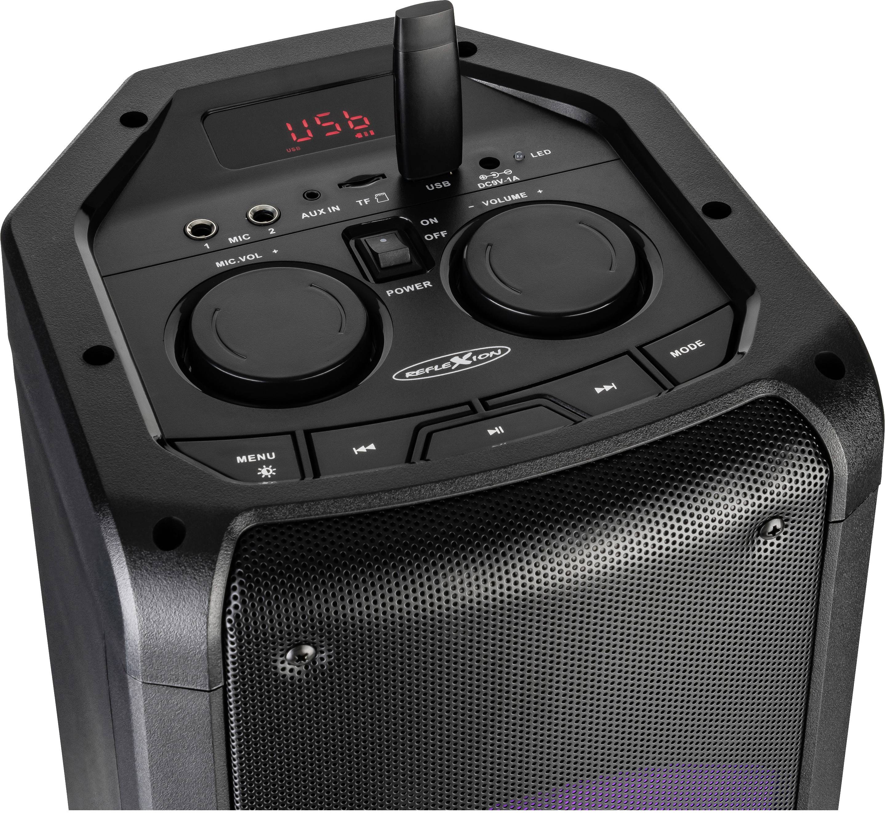 Enceinte portable avec port USB, boutons rotatifs pour le volume et le microphone, et un écran affichant 'USB'.