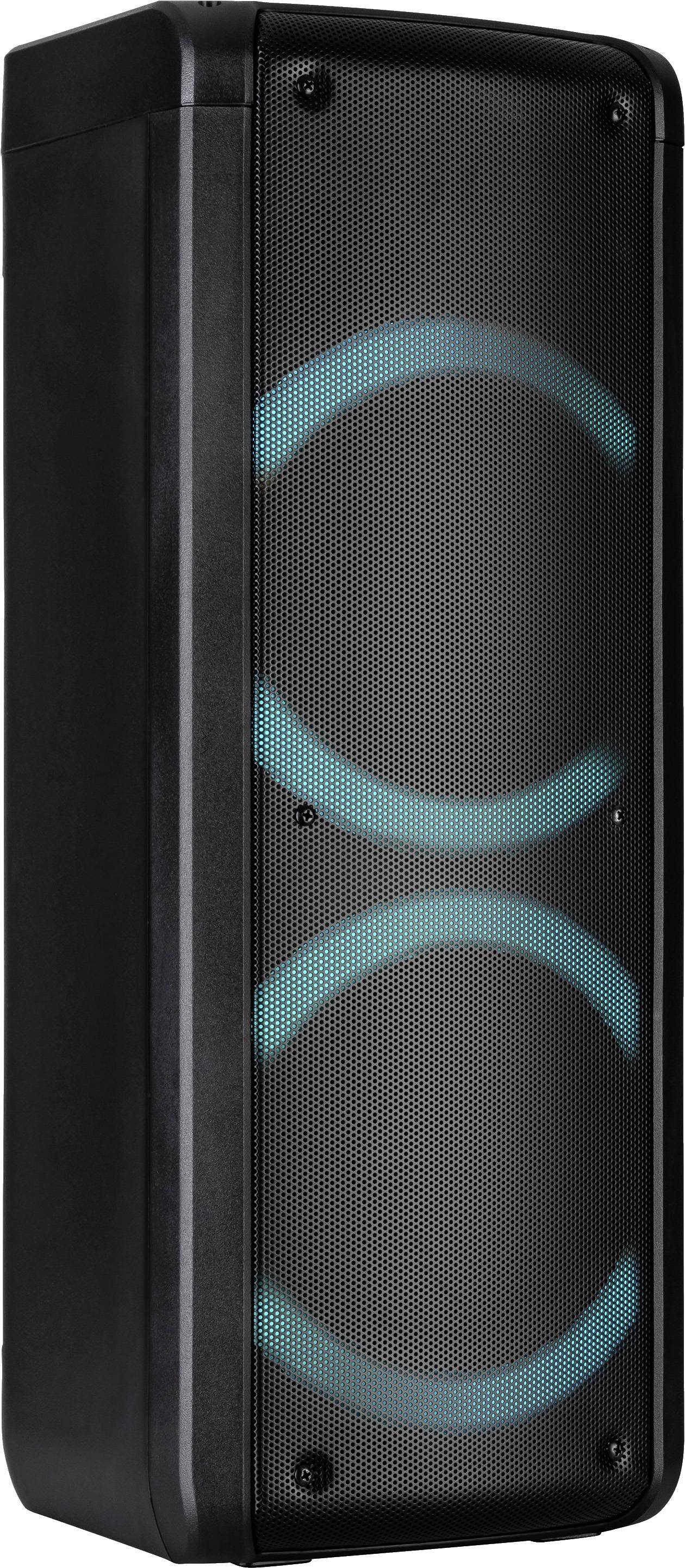 Un haut-parleur noir rectangulaire avec deux anneaux LED turquoise lumineux à l'avant. Idéal pour les fêtes et les événements.