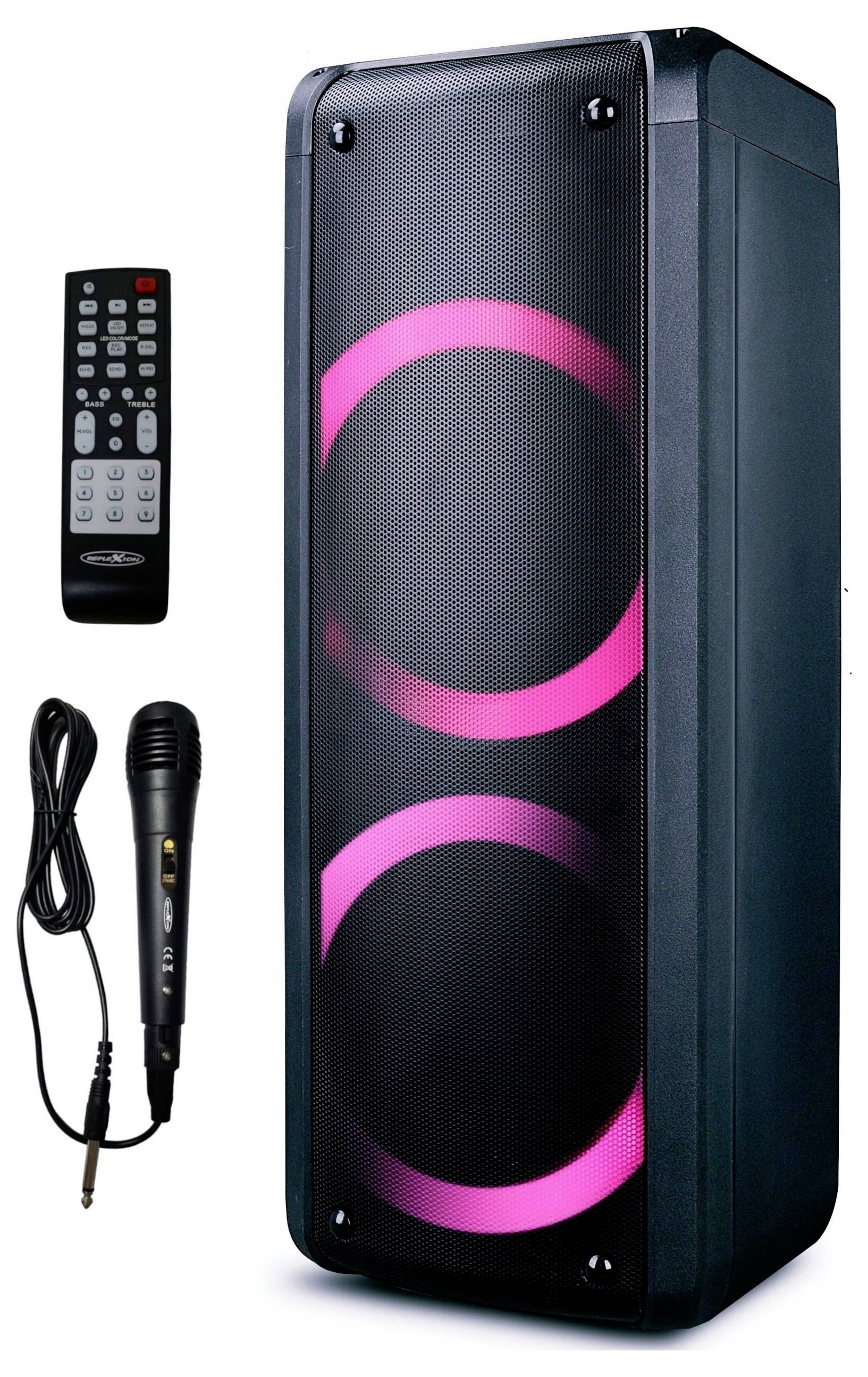 Enceinte de fête portable avec anneaux LED roses, télécommande et microphone filaire sur fond blanc.