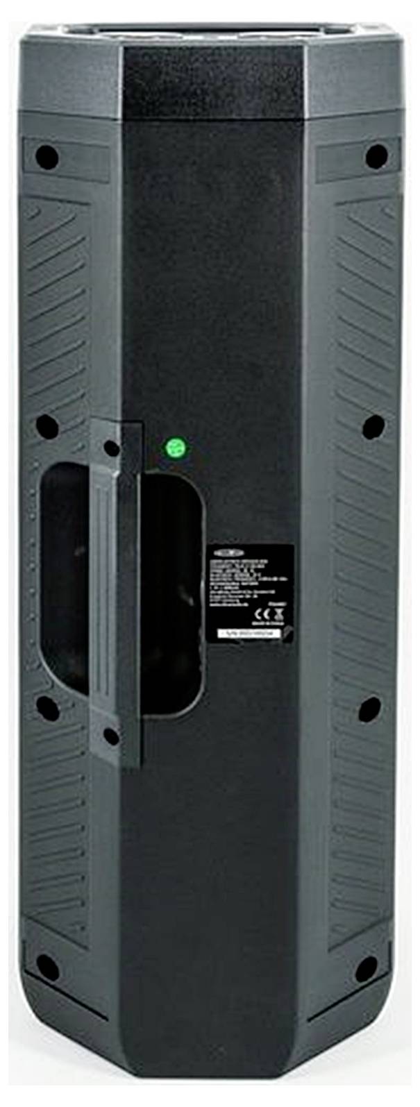 Armoire de haut-parleur noire et haute avec poignées latérales et un petit voyant indicateur vert, présentée en vue de face sur un fond blanc