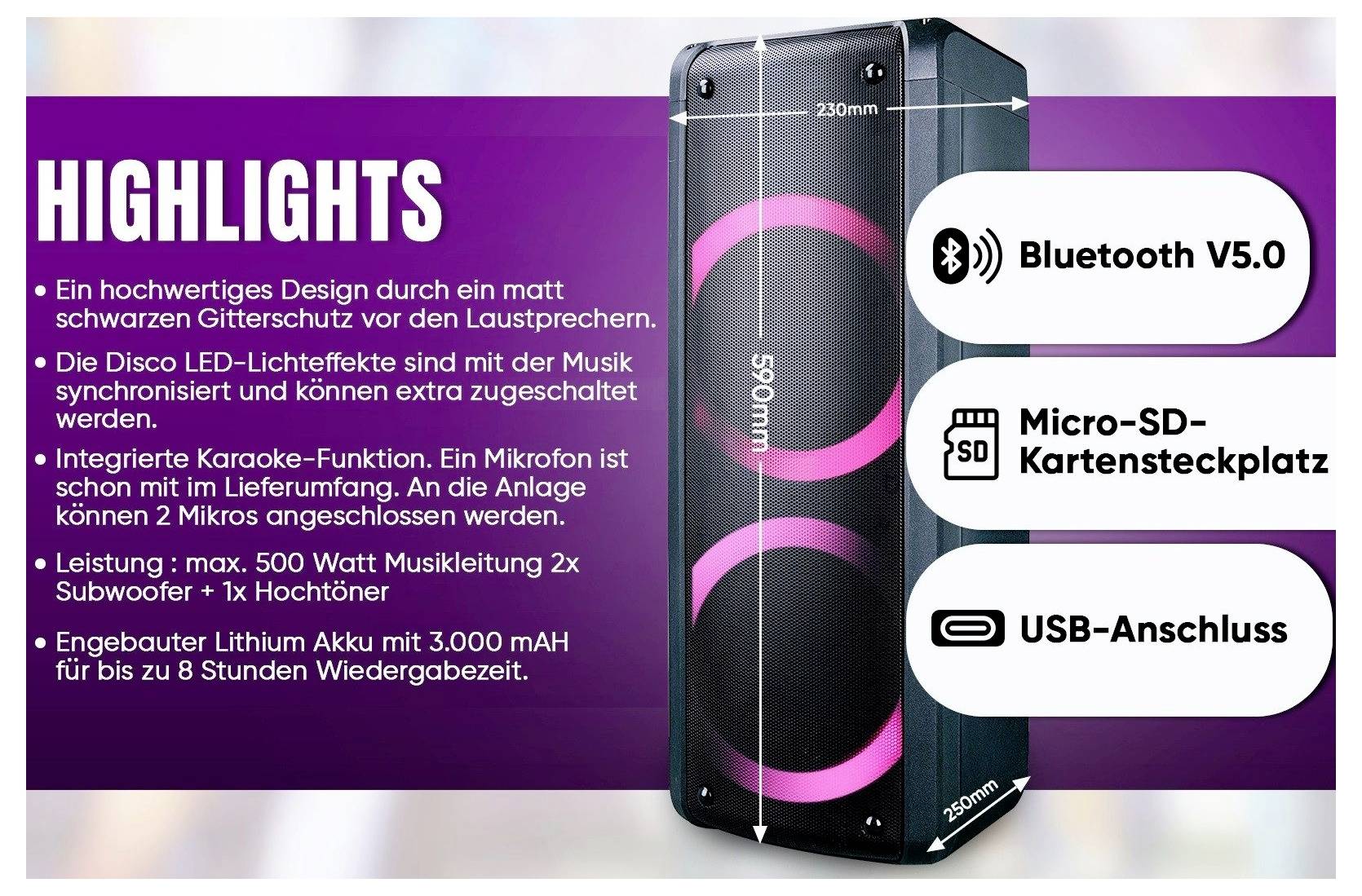 Graphique publicitaire d'un haut-parleur portable mettant en avant les points forts : Bluetooth 5.0, lecteur de carte Micro-SD et connexion USB ; à gauche sont énumérées d'autres caractéristiques du produit.