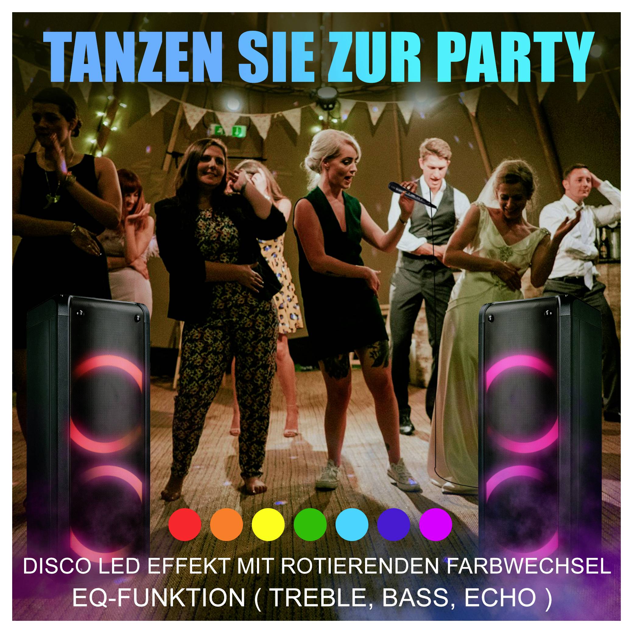 Partyende tanzt vor zwei beleuchteten Lautsprechern; oben steht 'TANZEN SIE ZUR PARTY', unten 'DISCO LED EFFEKT MIT ROTIERENDEN FARBWECHSEL EQ-FUNKTION (TREBLE, BASS, ECHO)'