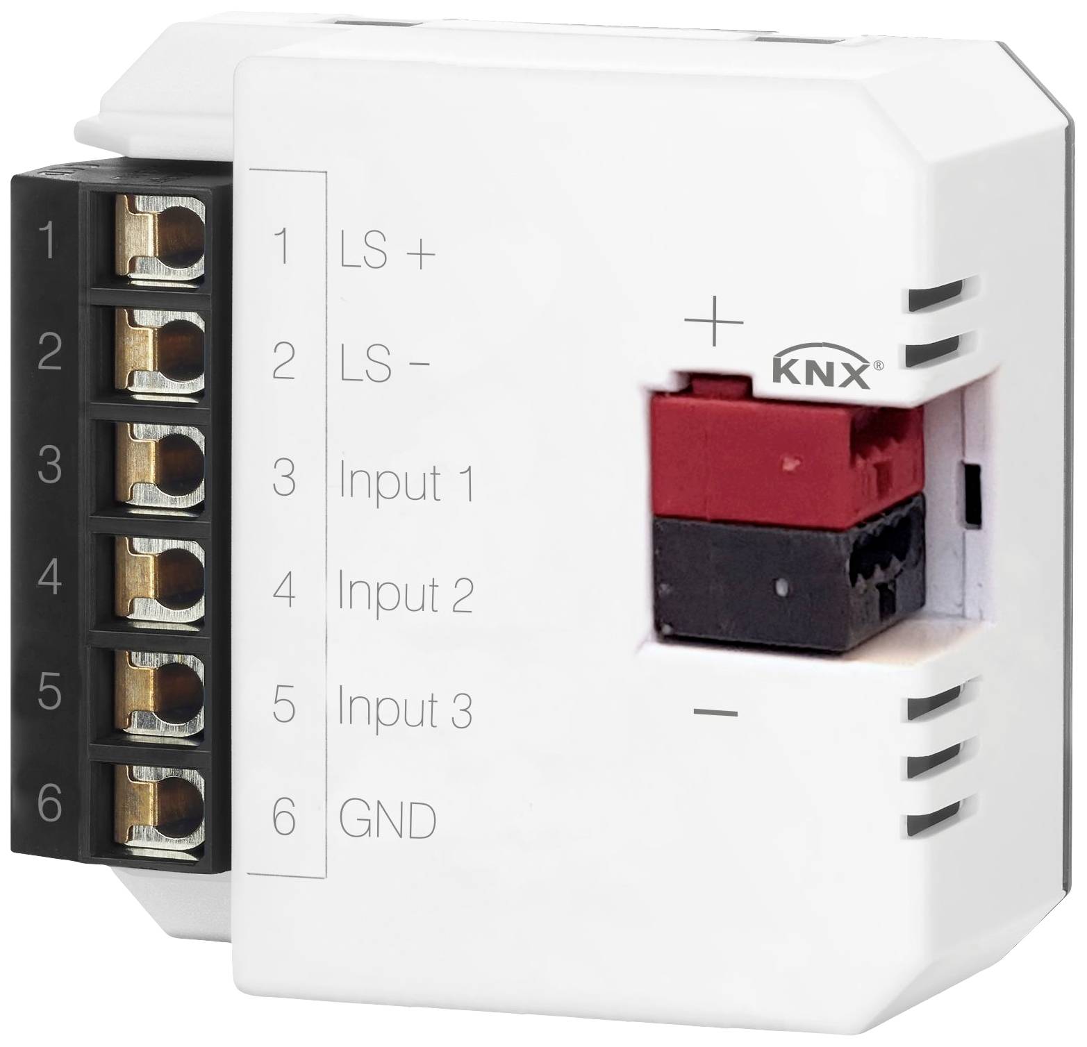 Un coupleur de bus KNX avec bornes de connexion et commandes pour 'LS+', 'LS-', 'Input 1', 'Input 2', 'Input 3' et 'GND'.