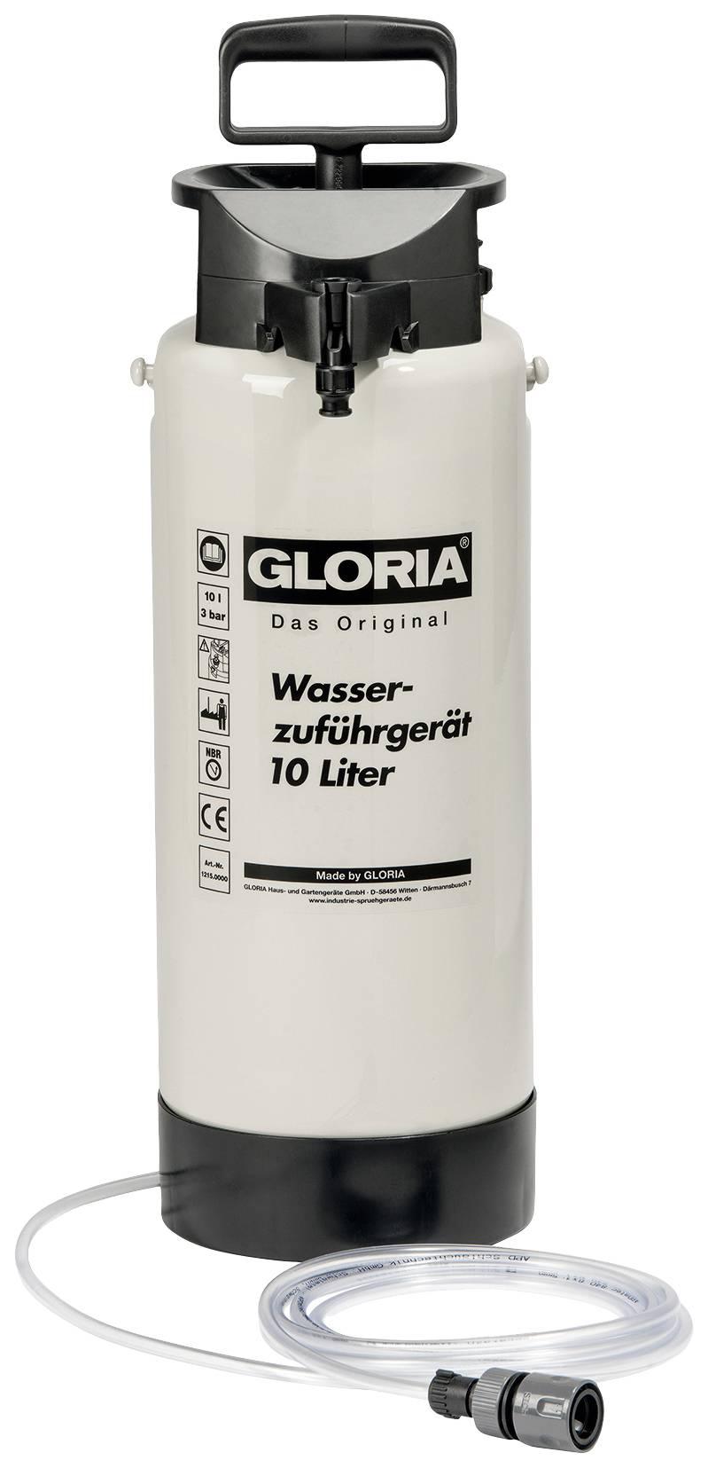 Un réservoir d'eau blanc de 10 litres de Gloria avec une poignée noire et des détails noirs, doté d'un raccord pour tuyau d'eau à la base.