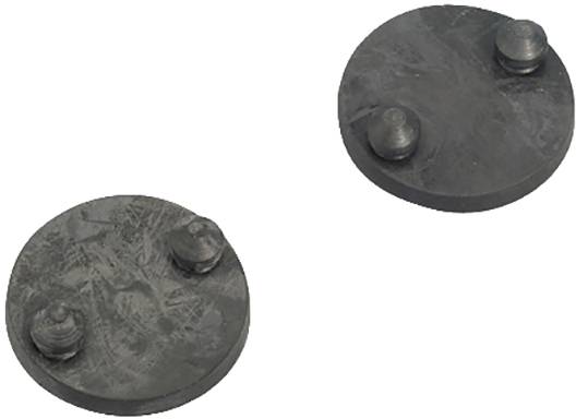 Deux pièces métalliques rondes et plates, chacune avec deux structures surélevées, sur un fond blanc.