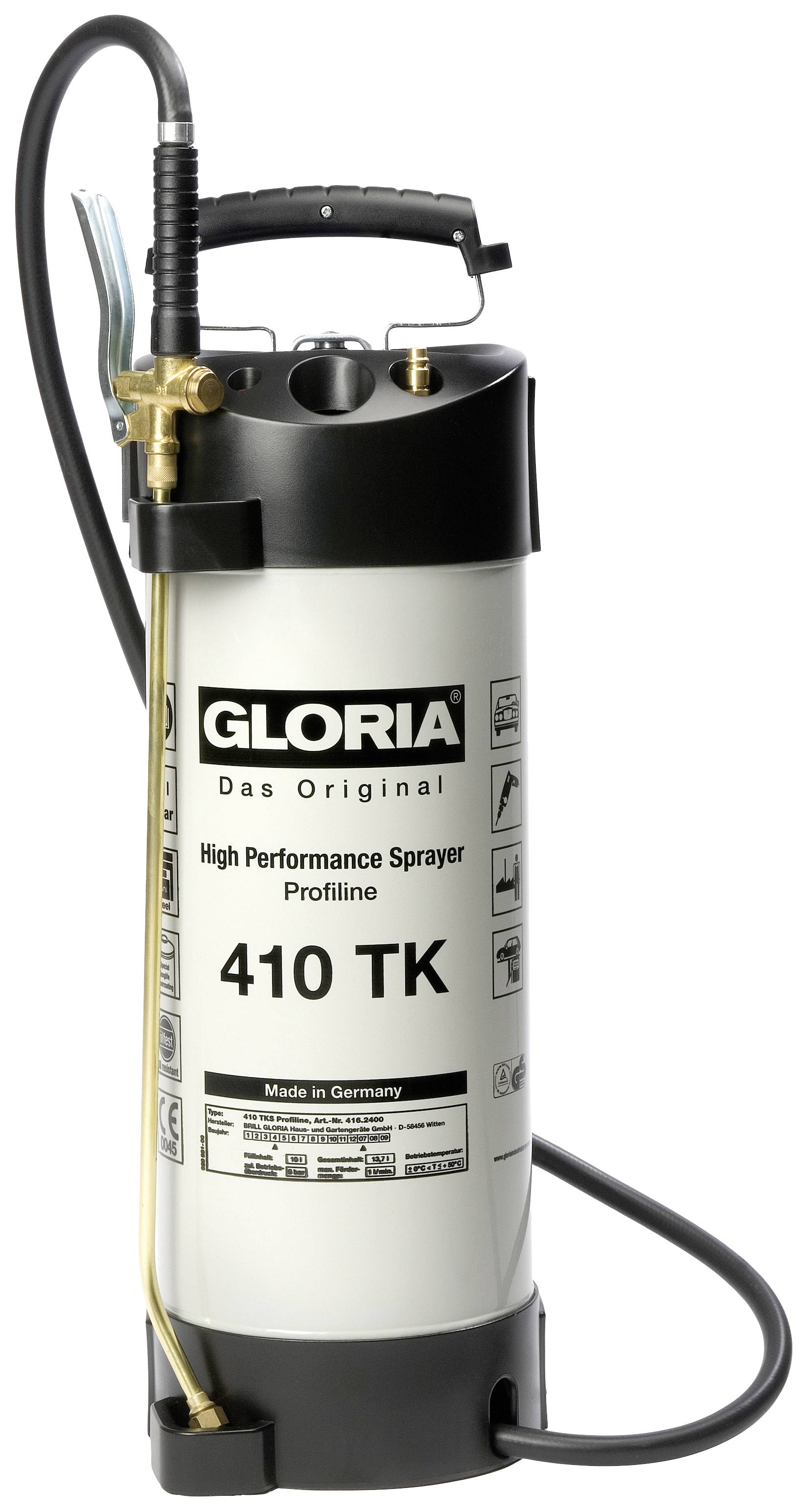 Pulvérisateur haute performance 'Gloria 410 TK', récipient en acier inoxydable avec pompe, manomètre et tuyau. Conçu pour une utilisation professionnelle.