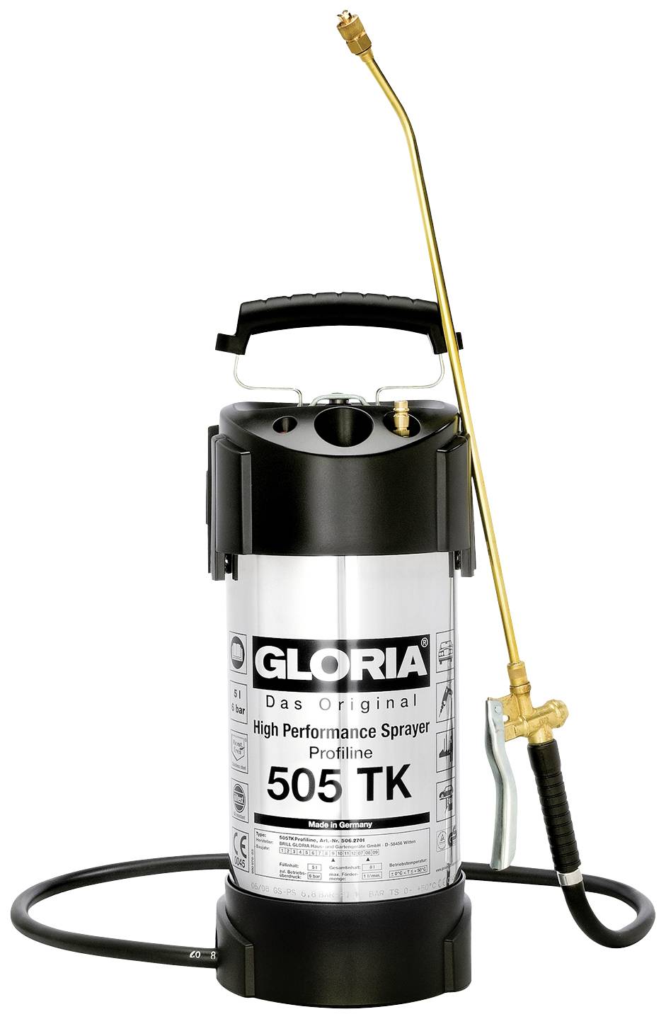 Pulvérisateur haute performance 'Gloria 505 TK' avec longue lance en métal et tuyau, adapté à différentes applications de pulvérisation.