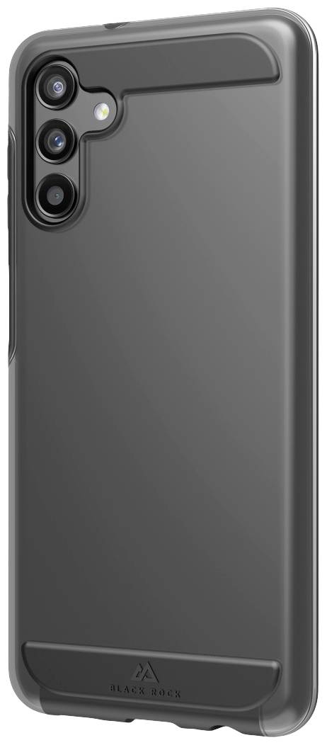 Étui de smartphone noir en plastique avec trois découpes pour caméras en haut à gauche, vue diagonale. Logo de marque en bas.
