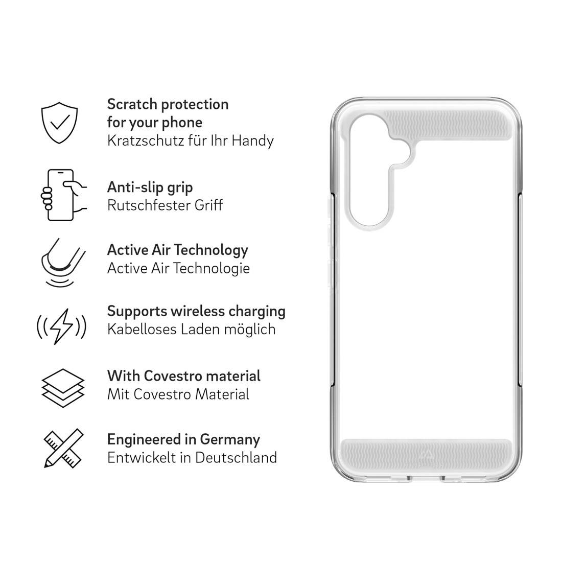 Coque de téléphone transparente avec protection contre les rayures, poignée antidérapante, technologie Active Air, compatible avec la charge sans fil. Fabriquée en Allemagne avec du matériau Covestro.
