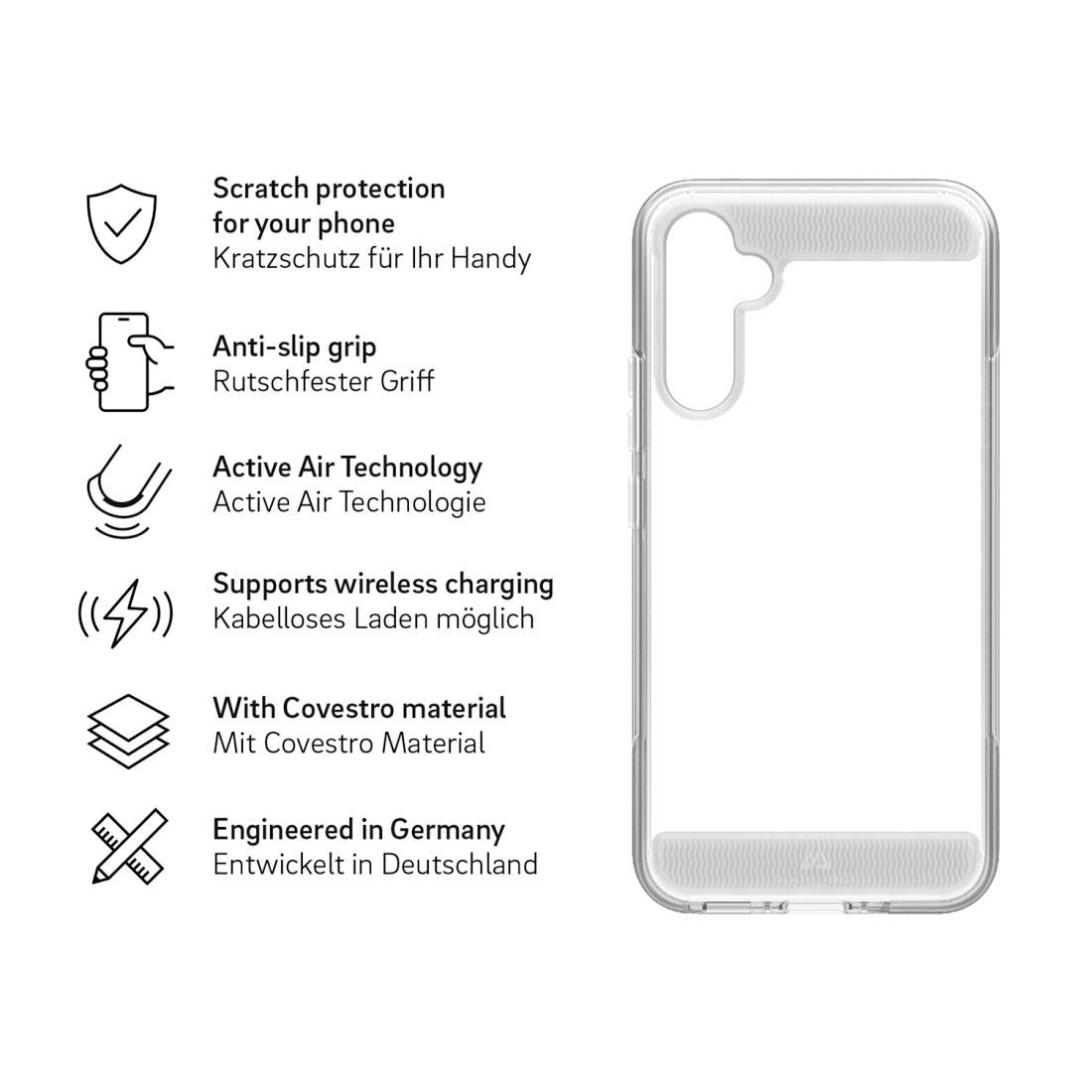 Coque de téléphone transparente en matériau anti-rayures, avec une prise en main antidérapante, technologie Active Air, compatible avec la charge sans fil. Développée en Allemagne.