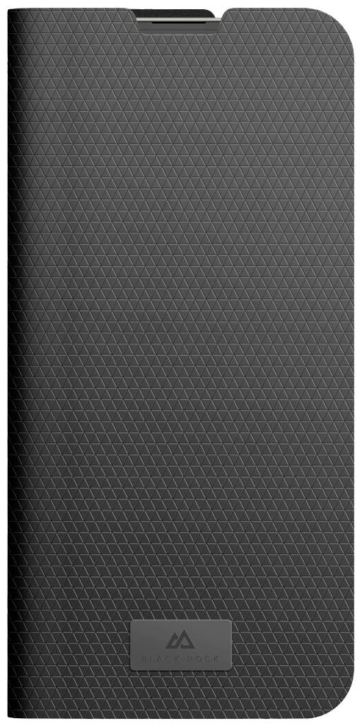 Une coque de téléphone noir avec un motif géométrique discret et un petit logo au bas de l'étui.