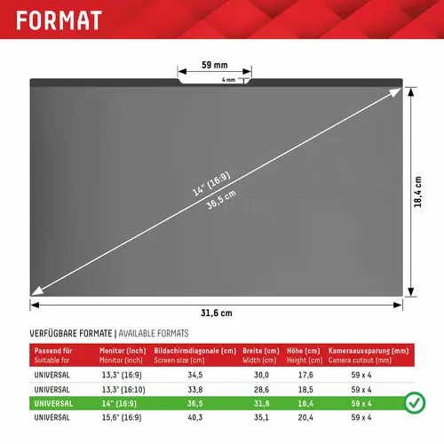 DISPLEX Privacy Safe Film de confidentialité Notebook / MacBook 35,6 cm (14") Format d'image: 16:9 01762 Universal DISPLEX Privacy Safe Film de confidentialité Notebook / MacBook 35,6 cm (14") Format d'image: 16:9 01762 Universal