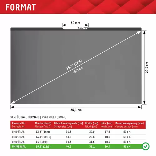 DISPLEX Privacy Safe Film de confidentialité Notebook / MacBook 39,6 cm (15,6") Format d'image: 16:9 01763 Universal DISPLEX Privacy Safe Film de confidentialité Notebook / MacBook 39,6 cm (15,6") Format d'image: 16:9 01763 Universal