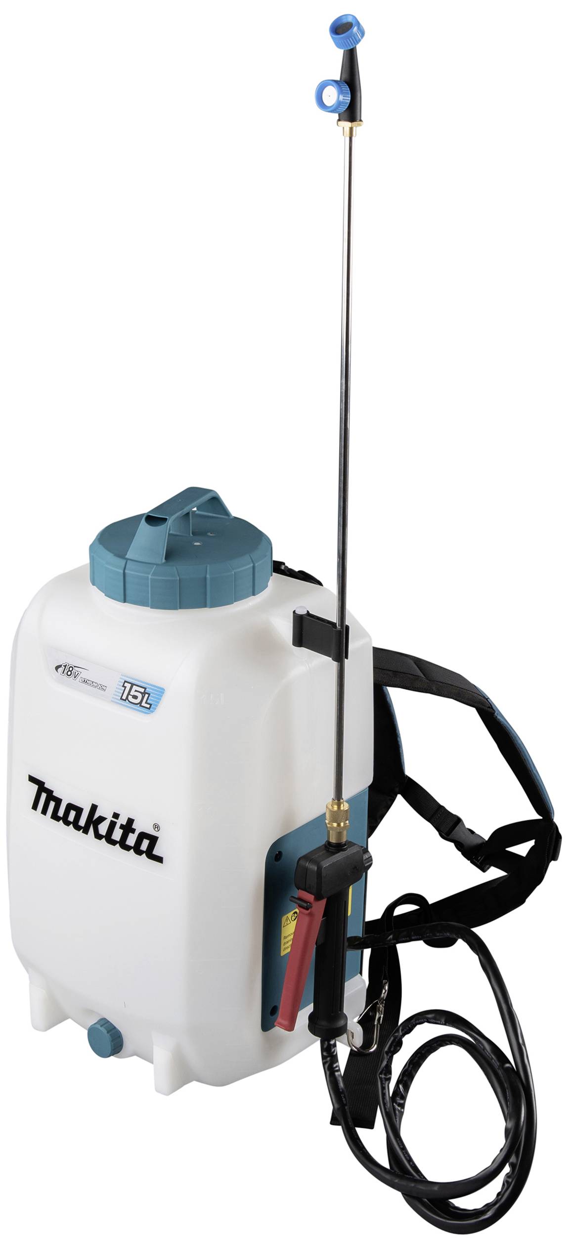 Un pulvérisateur à dos blanc avec des éléments bleus et noirs, portant la marque 'Makita' et d'une capacité de 15 litres. Adapté pour la pulvérisation de liquides.