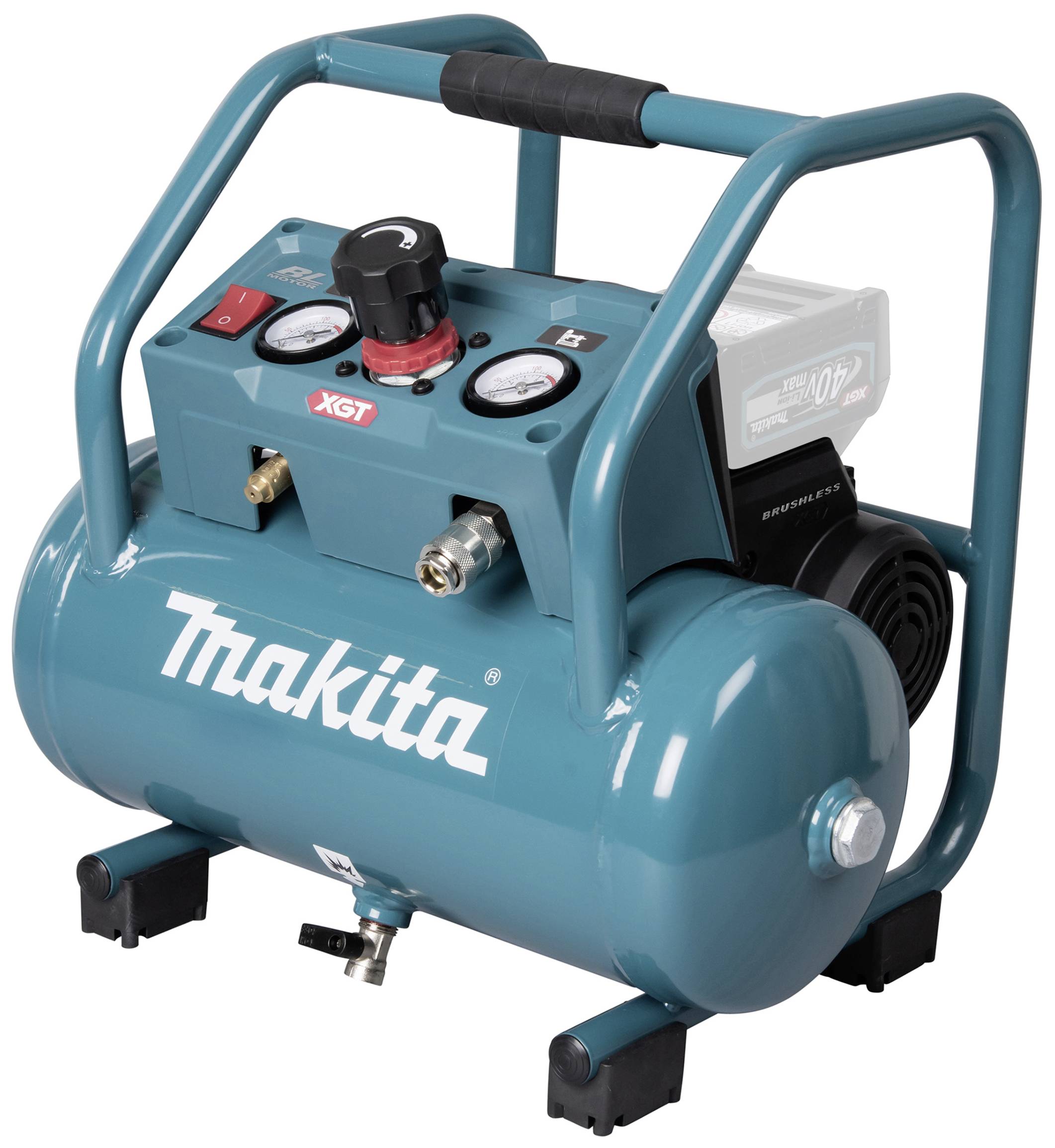 Un compresseur d'air portable bleu portant l'inscription 'Makita', doté de deux manomètres et d'une poignée. Adapté aux travaux de construction et de bricolage.