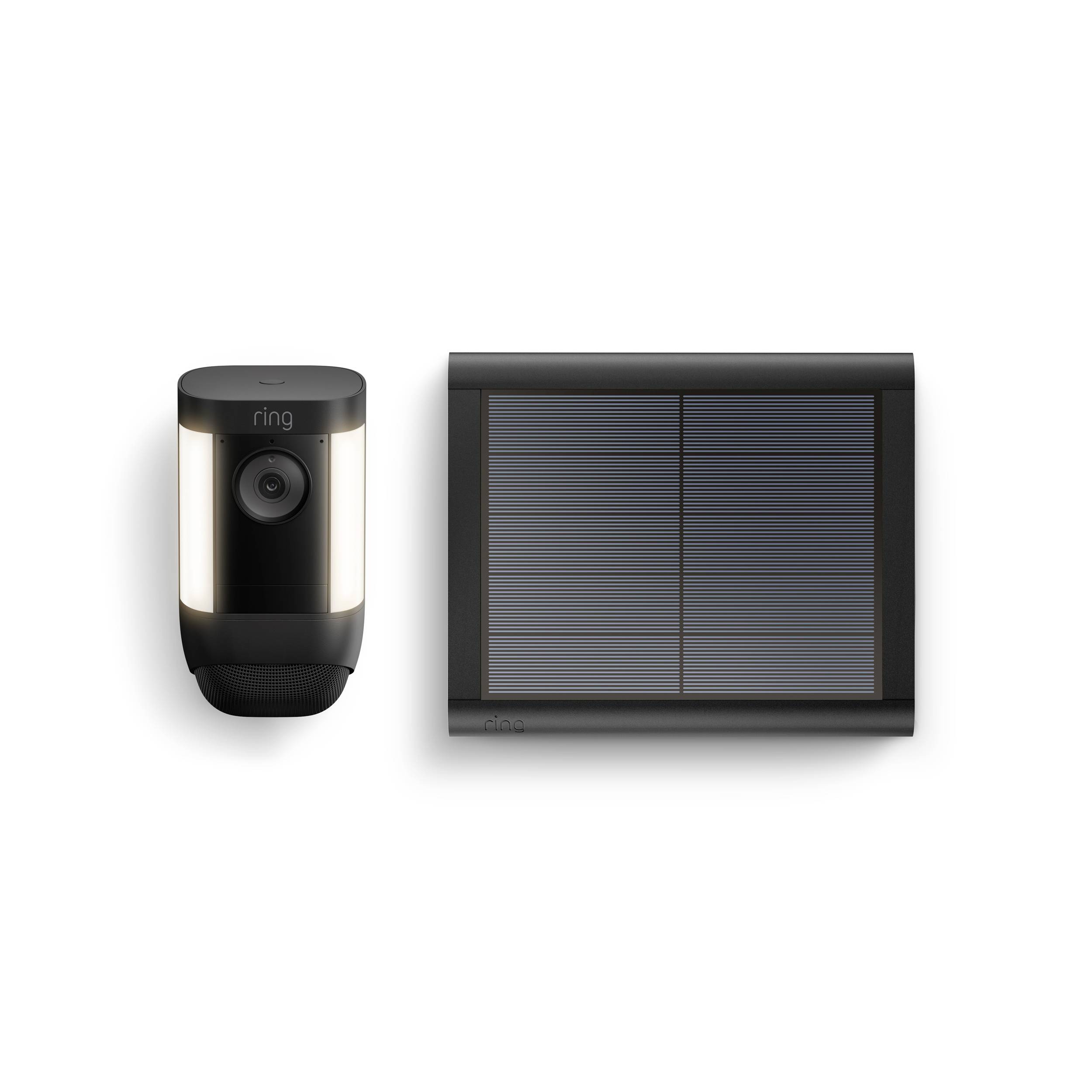 Caméra Ring avec panneau solaire ; à gauche : caméra avec boîtier noir, à droite : panneau solaire rectangulaire.