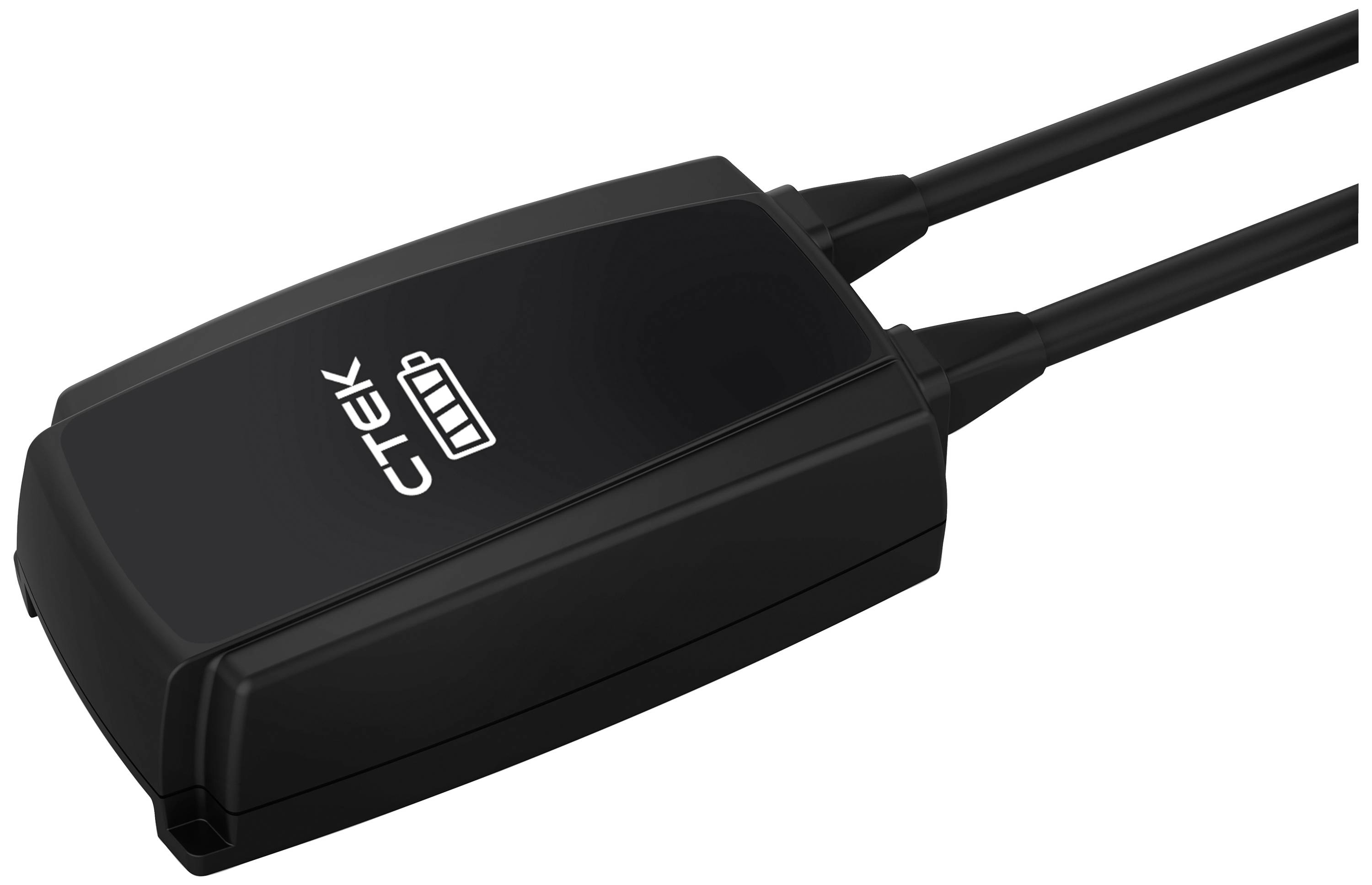 Un chargeur de batterie CTEK noir avec deux câbles connectés.