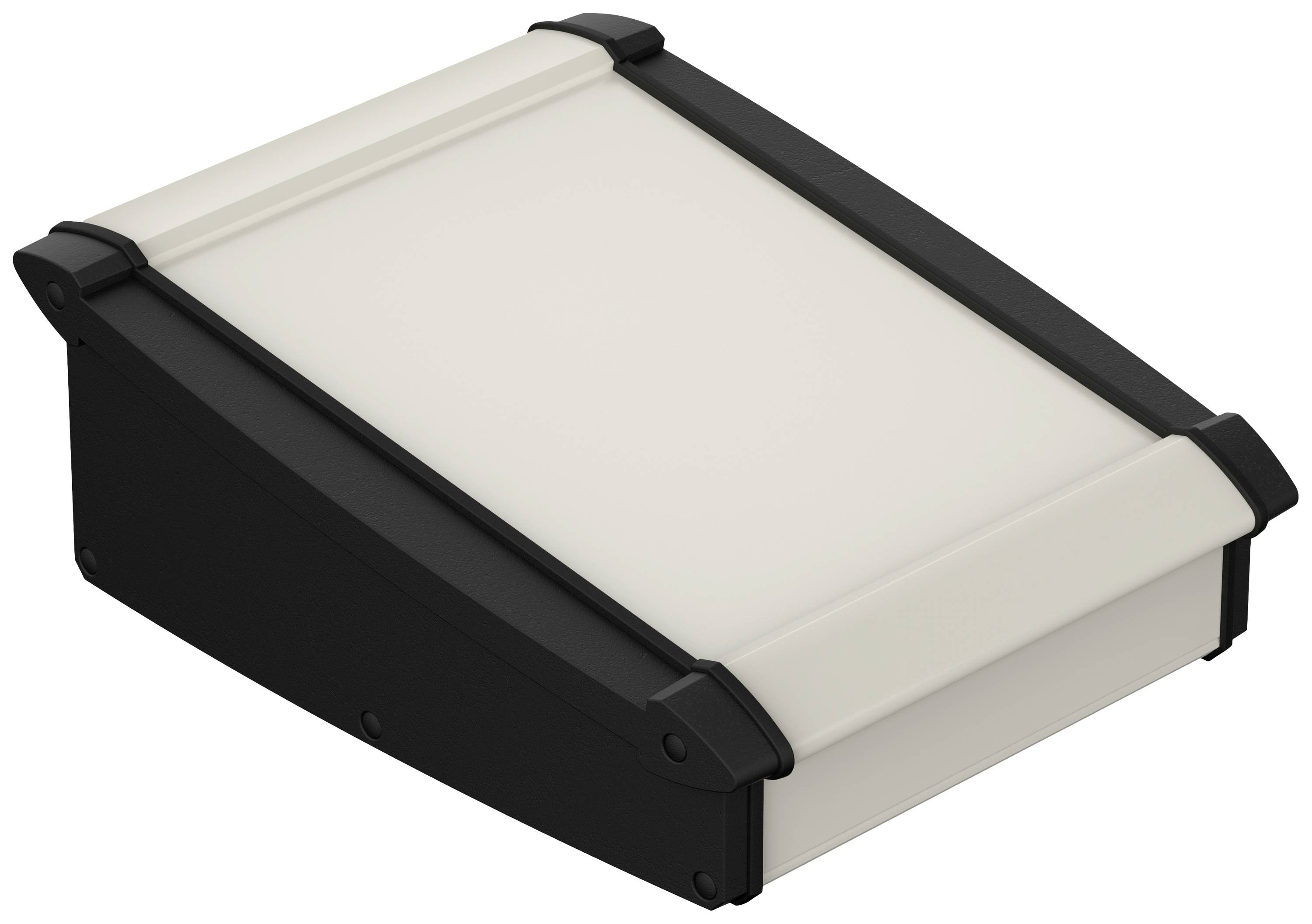 Boîtier plat en plastique rectangulaire avec côtés biseautés en noir et blanc, adapté aux appareils électroniques.