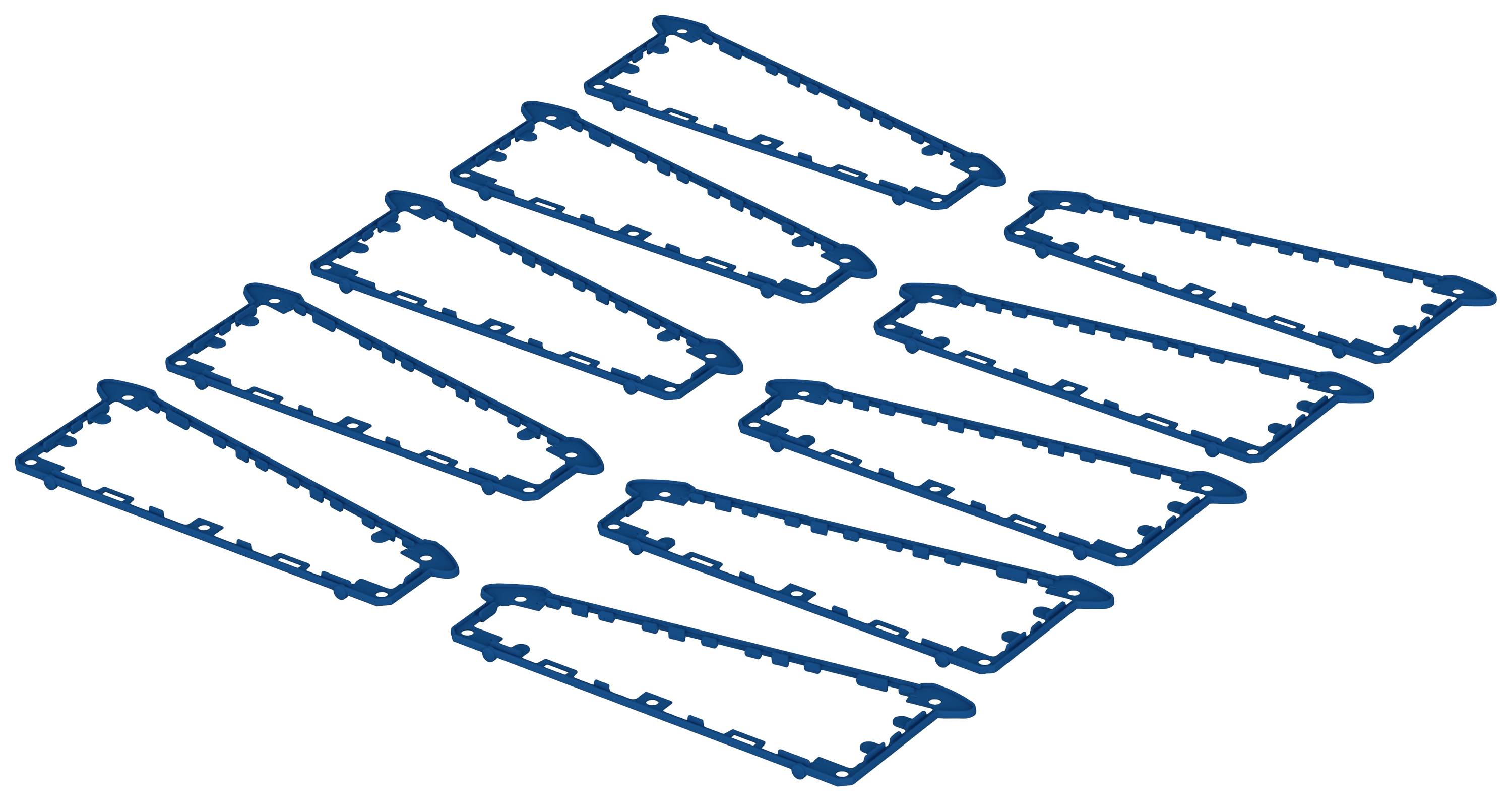 Douze pièces triangulaires bleues disposées en deux rangées, probablement des composants destinés à une construction ou à un assemblage.