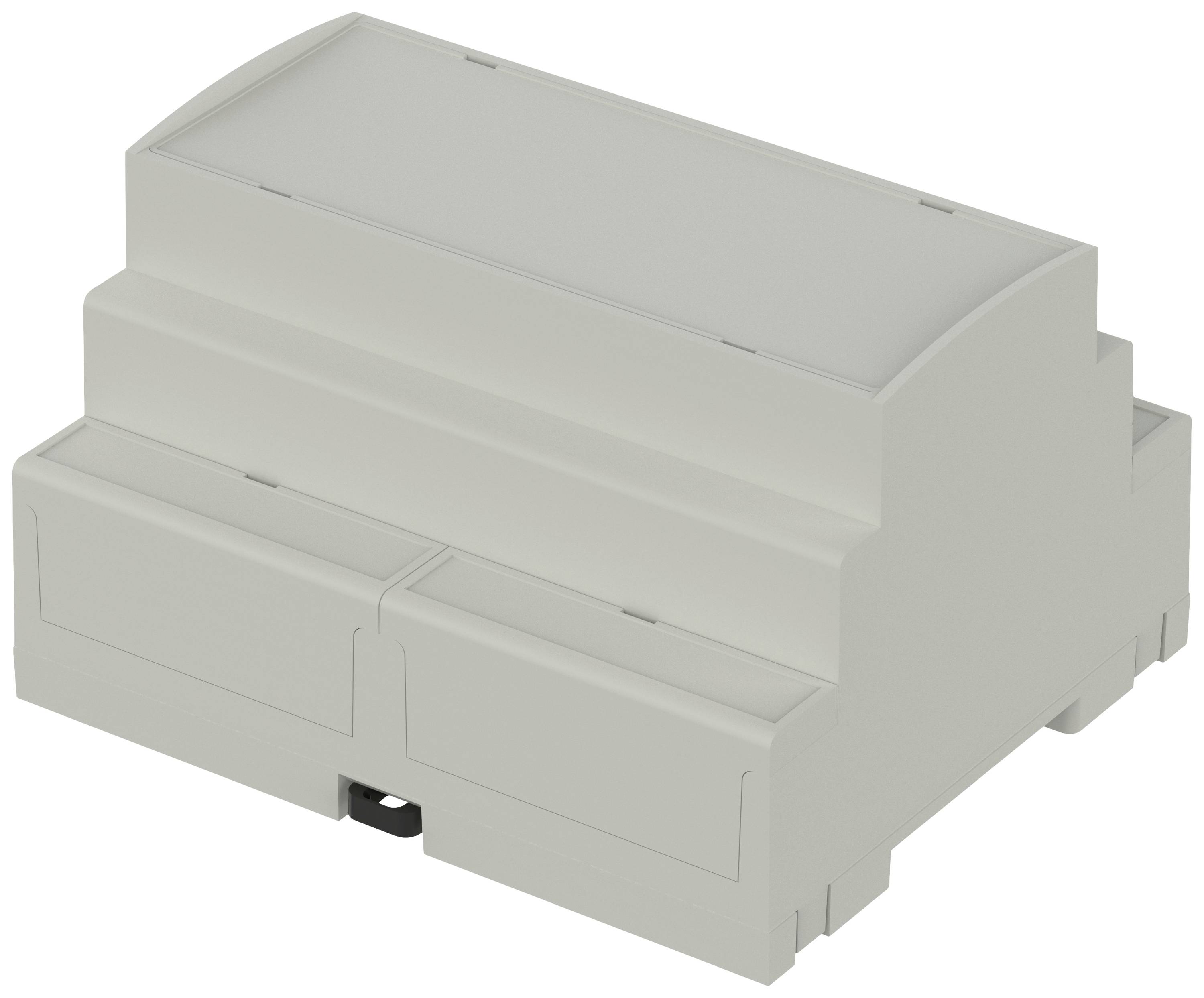 Un boîtier en plastique gris, rectangulaire, souvent utilisé pour les appareils électroniques, avec des angles arrondis et des possibilités de montage sur la face inférieure.
