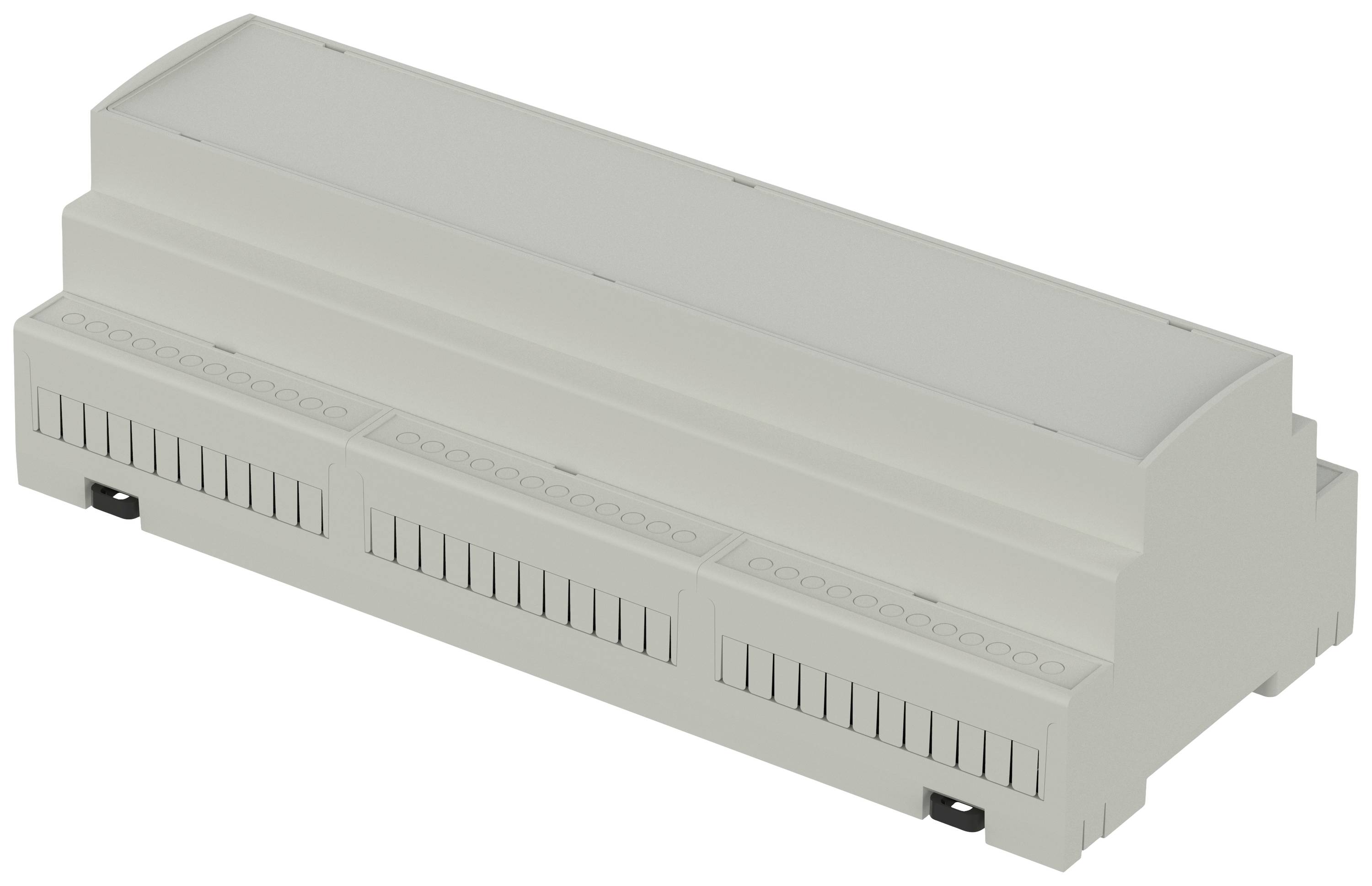Boîtier électronique gris avec plusieurs emplacements et fentes de ventilation, adapté pour un montage sur rail DIN dans les armoires électriques.