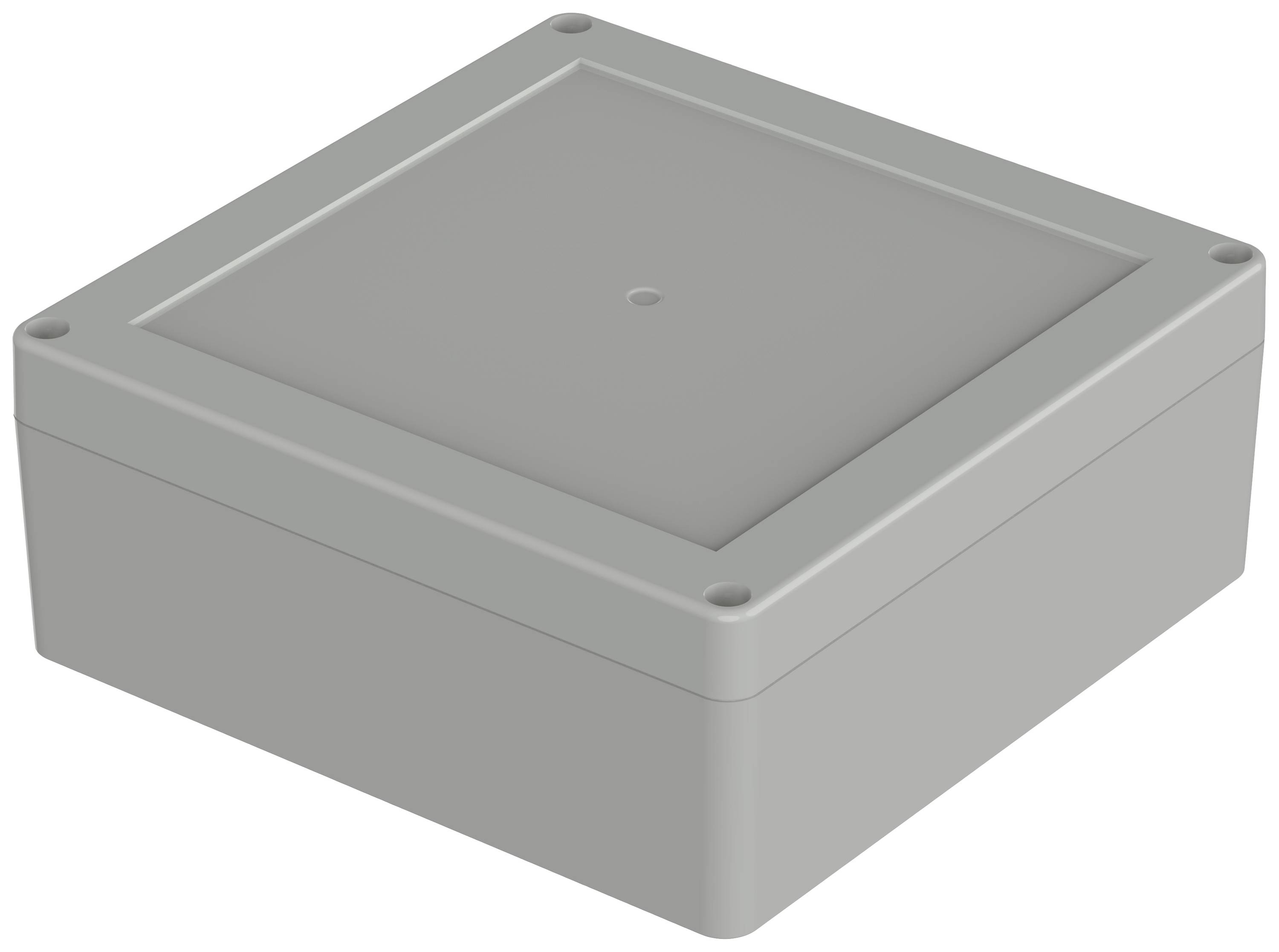 Boîtier rectangulaire en plastique gris à surface lisse et bords arrondis. Comprend des vis de fixation dans les quatre coins.