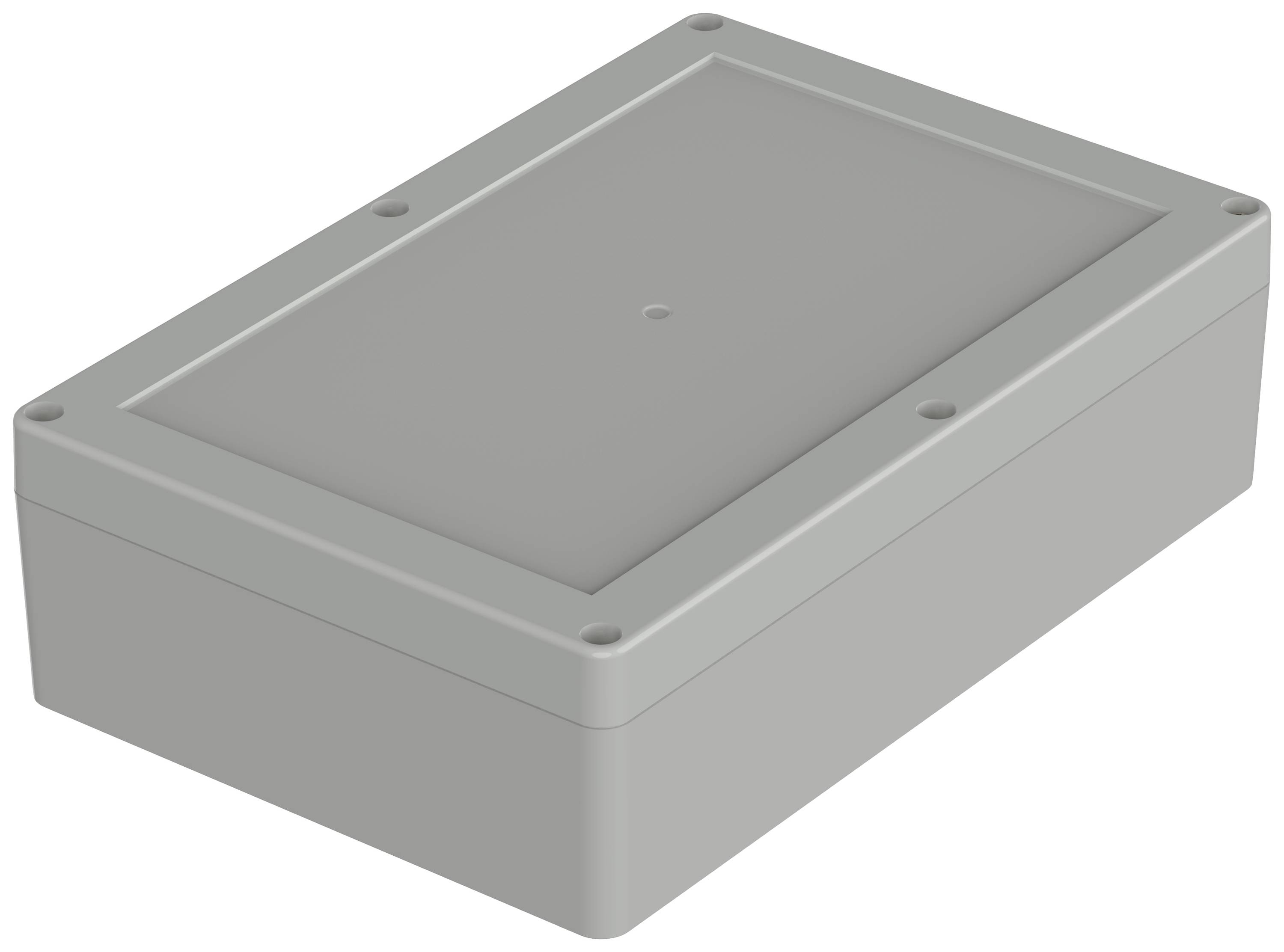 Boîtier rectangulaire en plastique gris avec couvercle amovible et trous de vis aux angles, adapté aux composants électroniques.