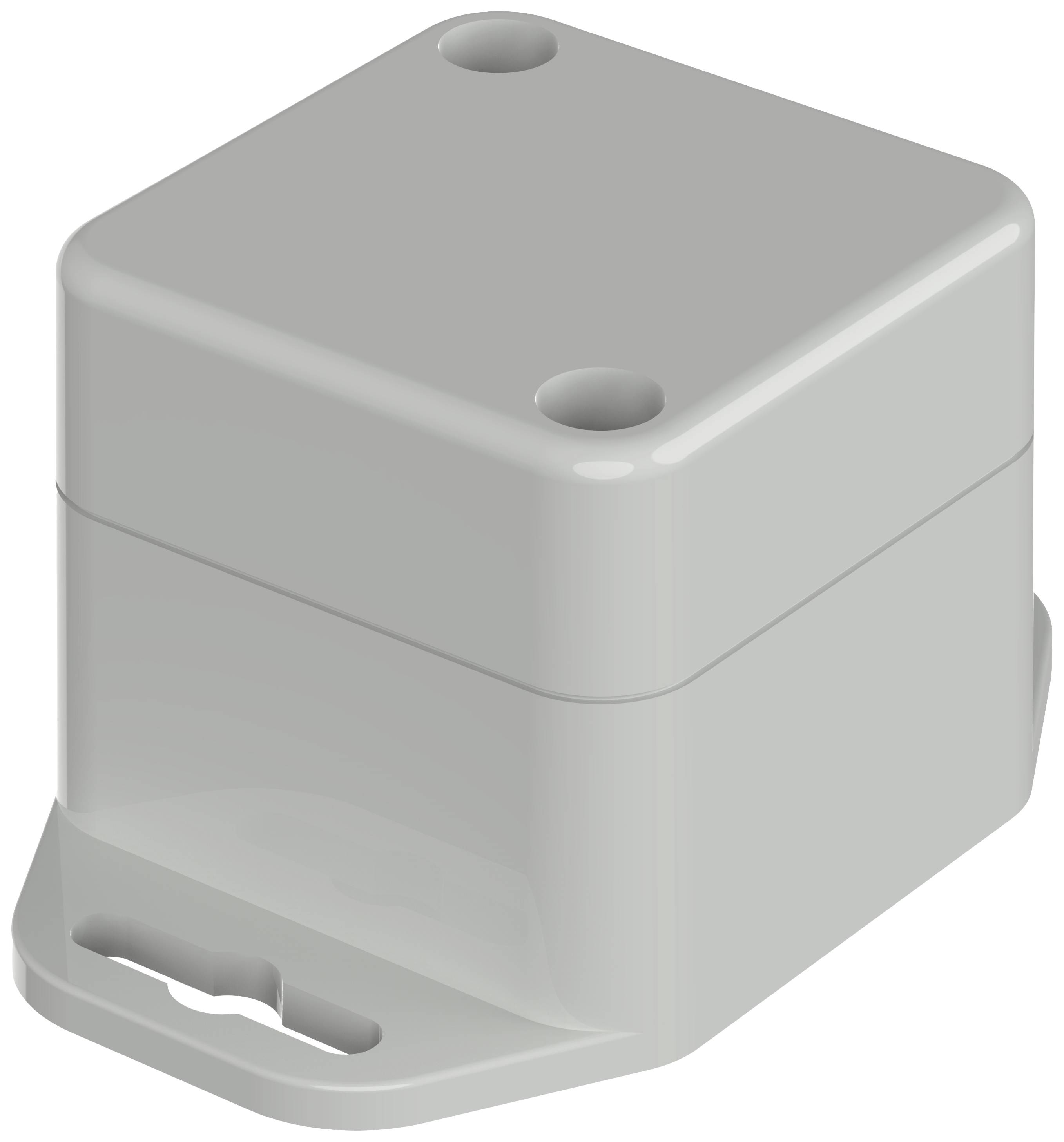 Contenant en plastique gris, rectangulaire, avec des angles arrondis et deux trous de vis en haut. Base arrondie avec des fentes de fixation.
