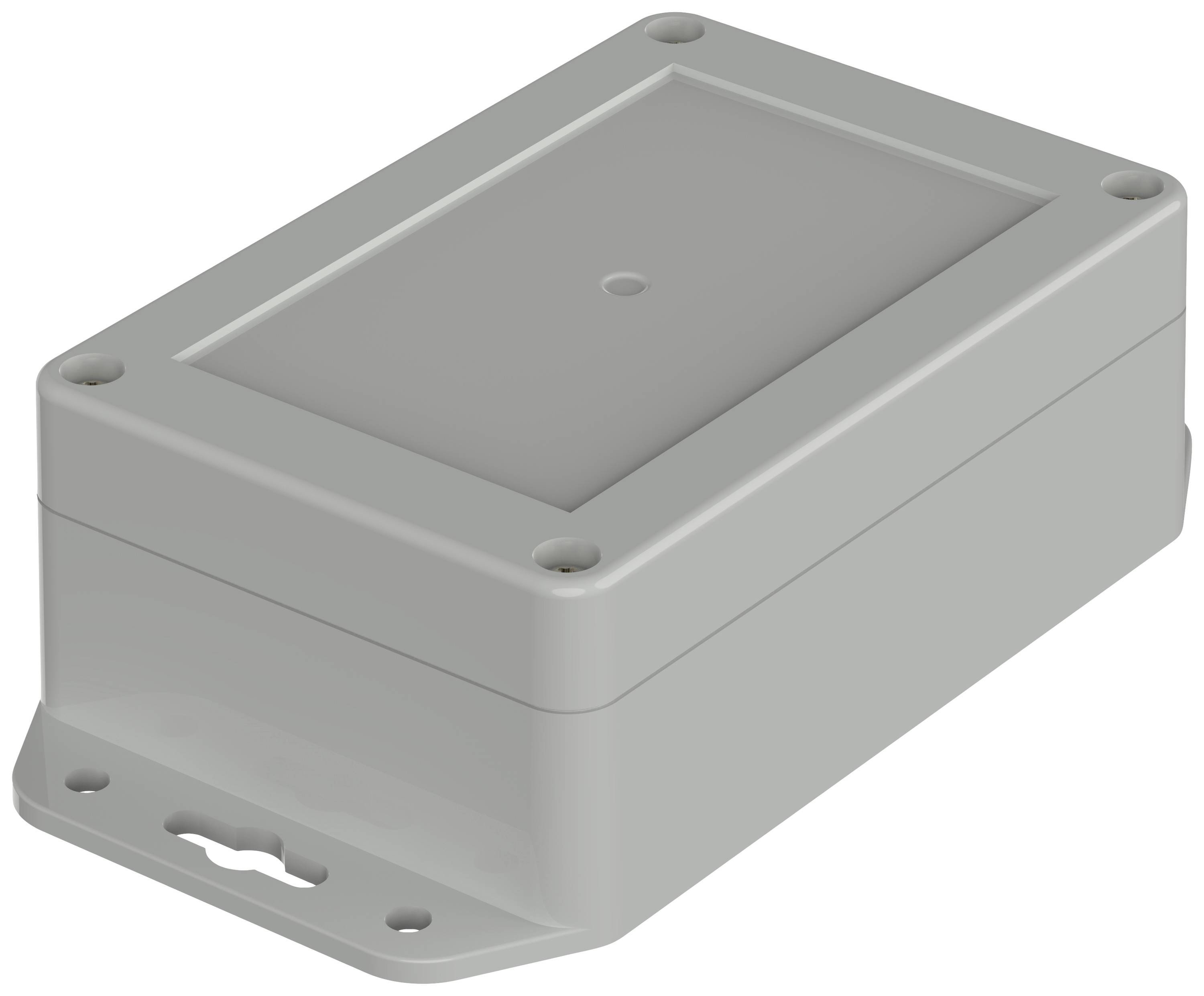 Boîtier rectangulaire en plastique gris avec couvercle amovible, coins arrondis et quatre trous de fixation sur les bords.