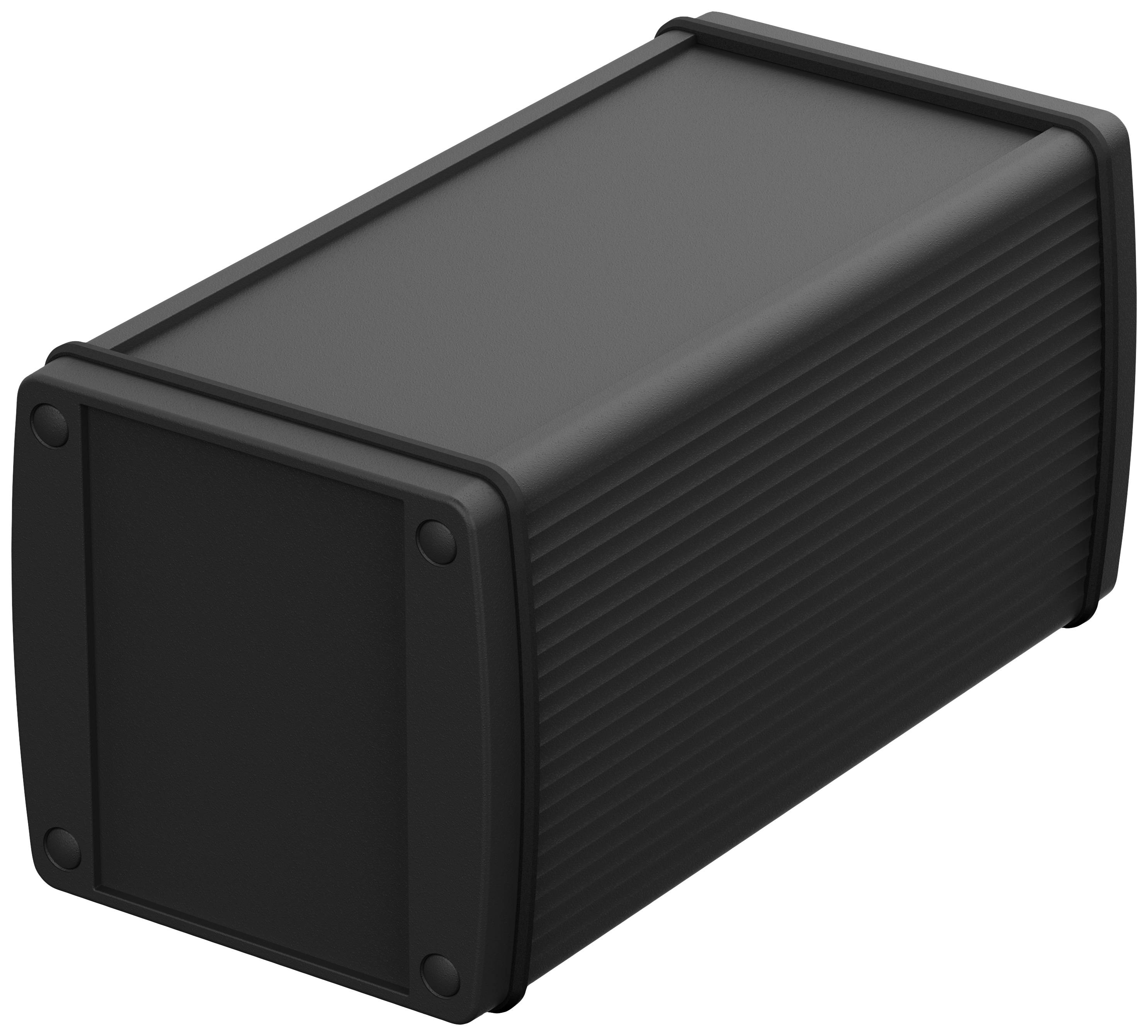 Un boîtier rectangulaire noir en plastique avec des côtés striés et des angles arrondis. Il comporte des capuchons d'extrémité amovibles.