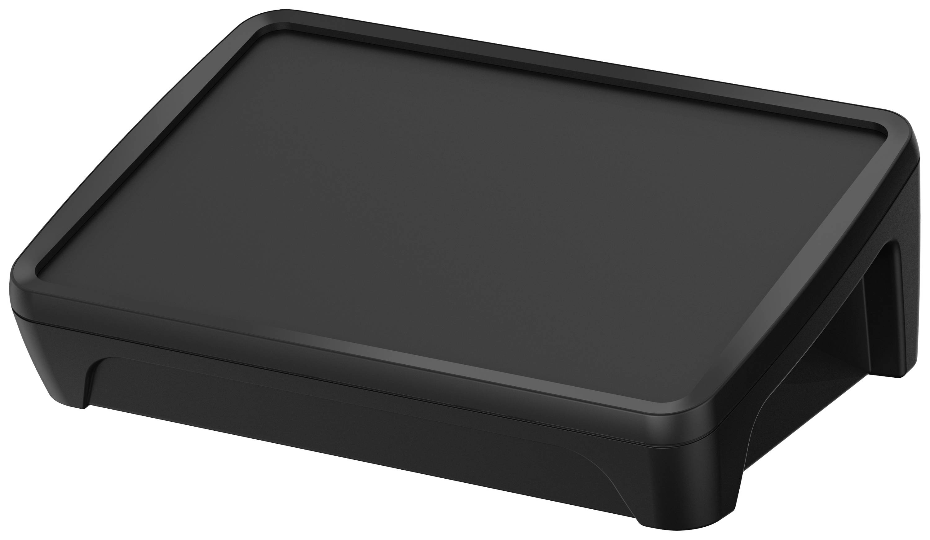 Un support de moniteur noir en plastique de forme rectangulaire avec des coins arrondis, conçu pour surélever un écran.