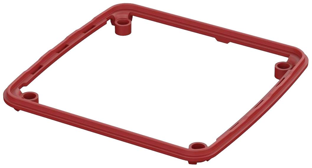 Cadre en plastique rouge, carré, avec des coins arrondis et quatre trous, probablement destiné à des fixations mécaniques.