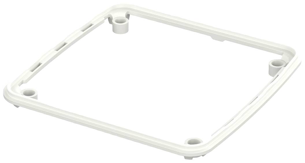 Plaque en plastique blanc, carrée, avec quatre trous de fixation, probablement partie intégrante d'un cadre ou d'un couvercle.