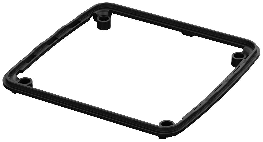 Cadre rectangulaire noir en plastique aux coins arrondis, présentant des trous dans chaque angle, probablement un composant d'un support de fixation pour appareil.