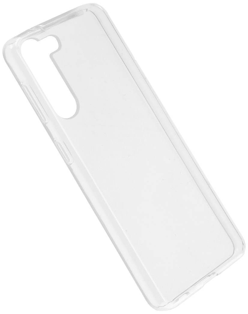 Coque de smartphone transparente en plastique avec découpe pour caméra.