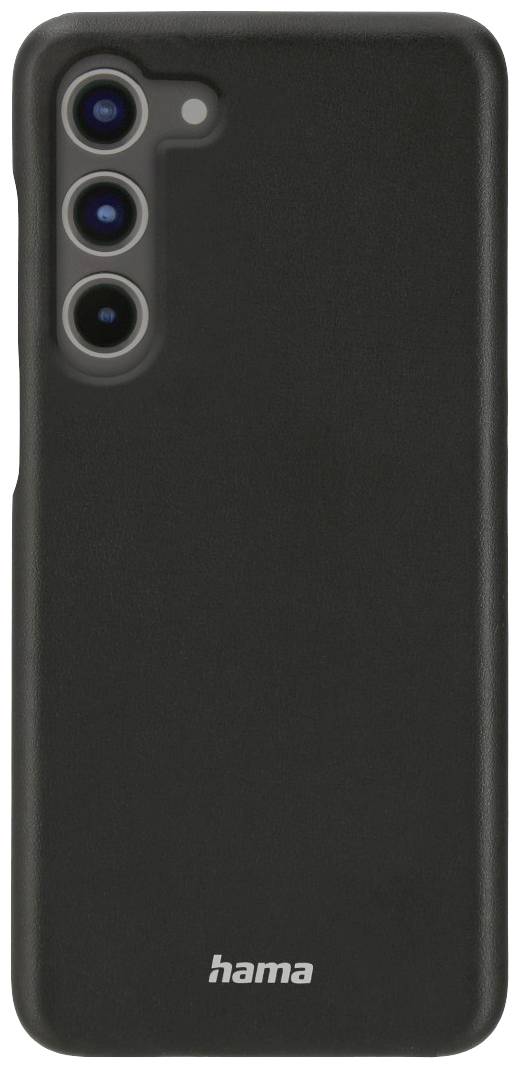 Coque de protection noire pour smartphone avec trois ouvertures pour objectifs de caméra et le logo Hama en bas.